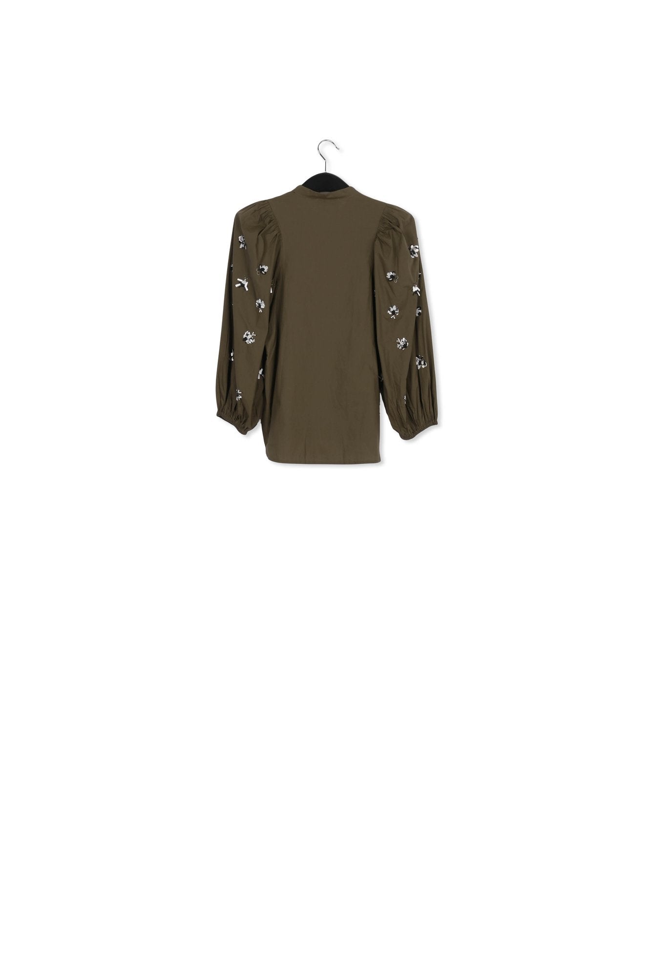 Khaki green cotton-poplin embroidered puffed-sleeve shirt RE—SSENTIEL | Essentiel second hand
