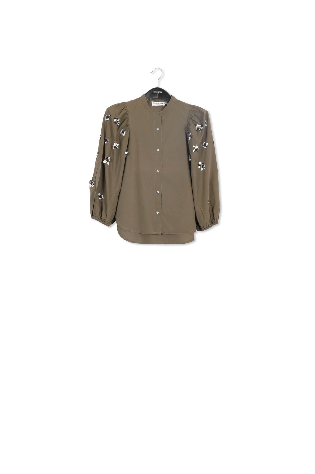 Khaki green cotton-poplin embroidered puffed-sleeve shirt RE—SSENTIEL | Essentiel second hand