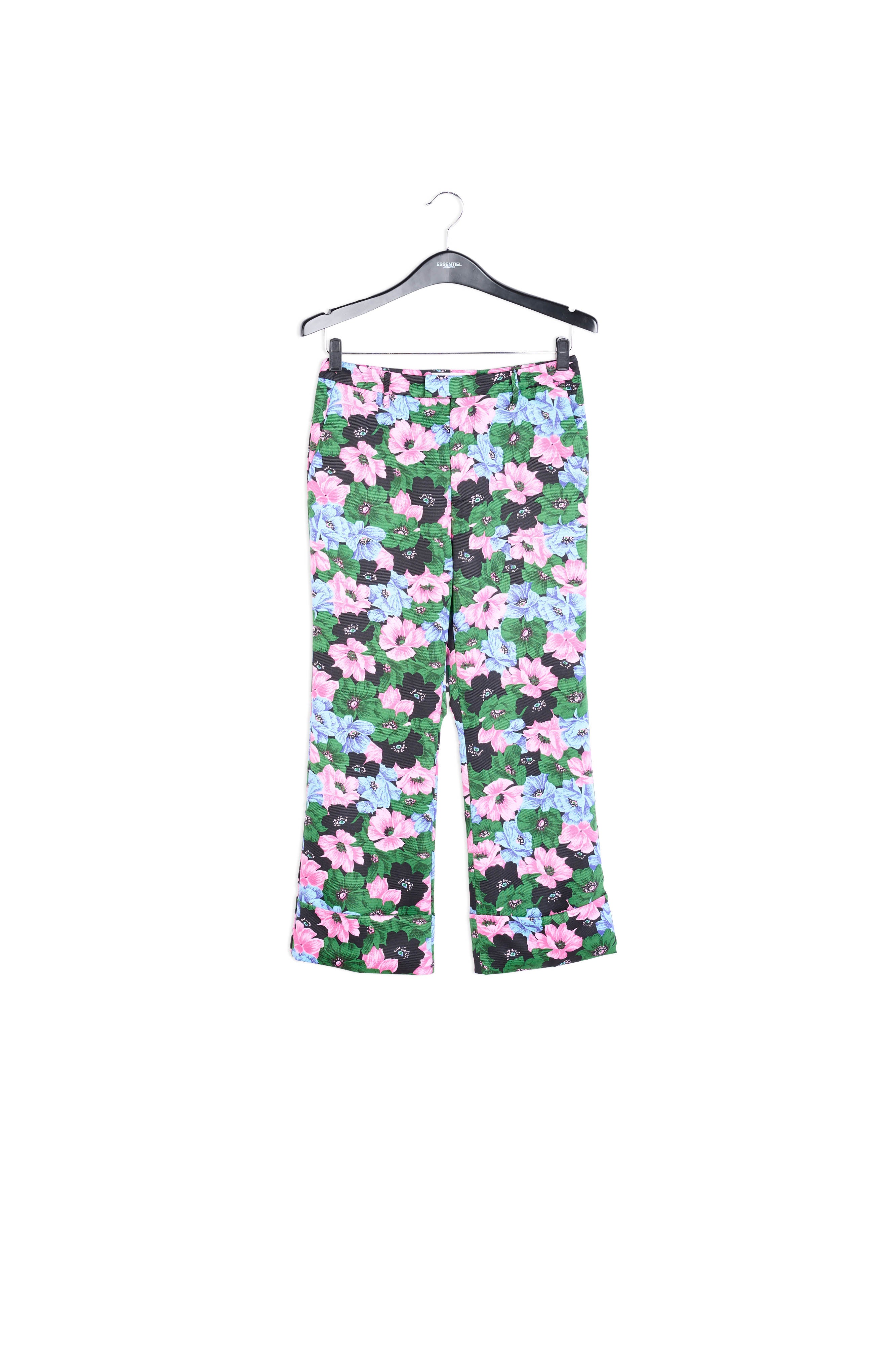Pantalon tailleur rose, bleu clair et vert bouteille à imprimé fleuri RE—SSENTIEL | Essentiel second hand