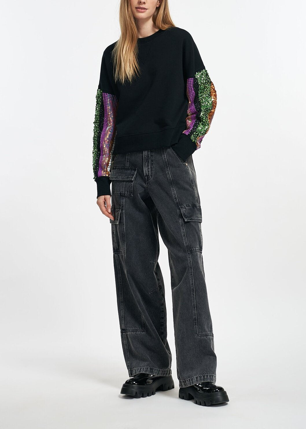 Black organic cotton sweatshirt with multicolor sequin embroideries RE—SSENTIEL | Essentiel second hand