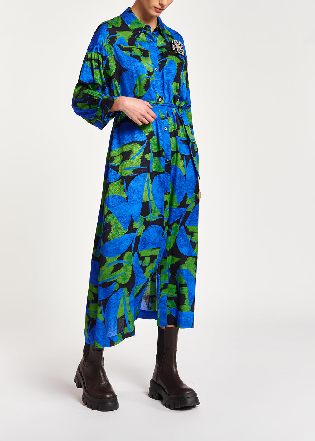 Blue, black and green abstract print midi dress RE—SSENTIEL | Essentiel second hand
