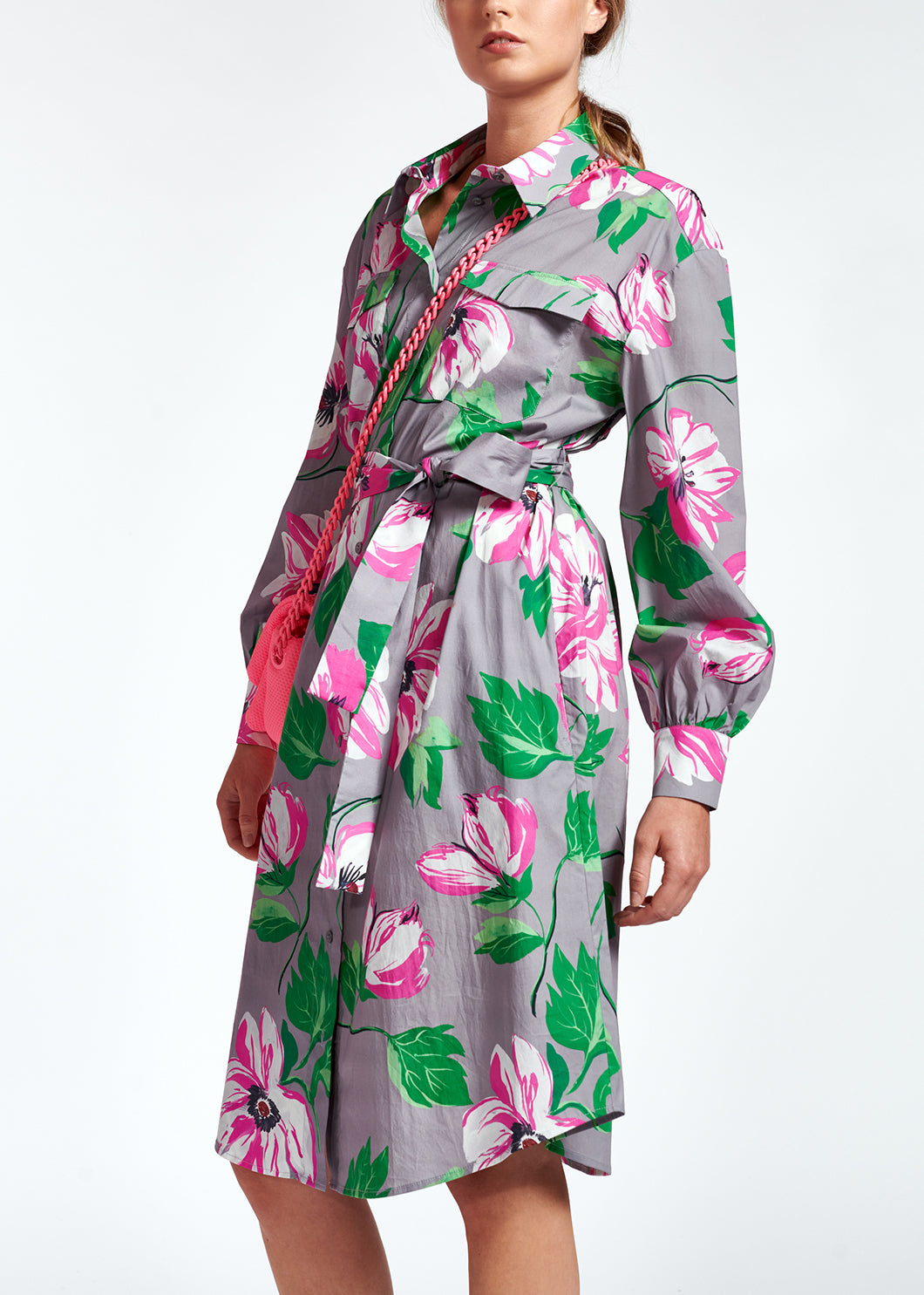 Grijze katoenen hemdjurk met bloemenprint RE—SSENTIEL | Essentiel second hand