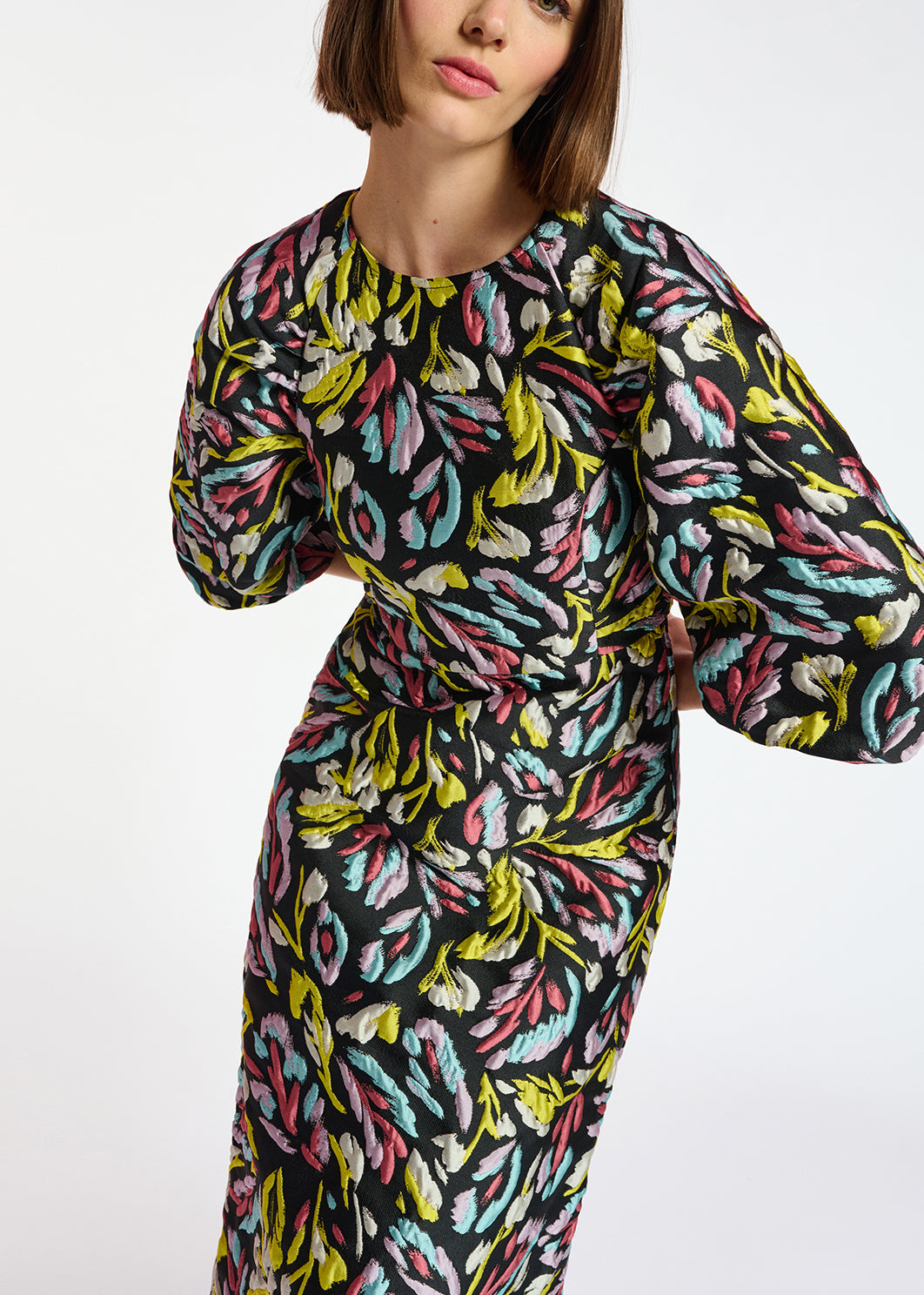 Black, yellow and lilac jacquard midi dress RE—SSENTIEL | Essentiel second hand