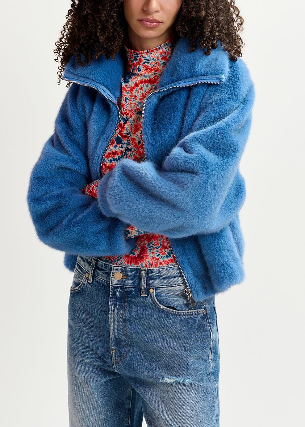 Dark blue faux fur bomber jacket RE—SSENTIEL | Essentiel second hand