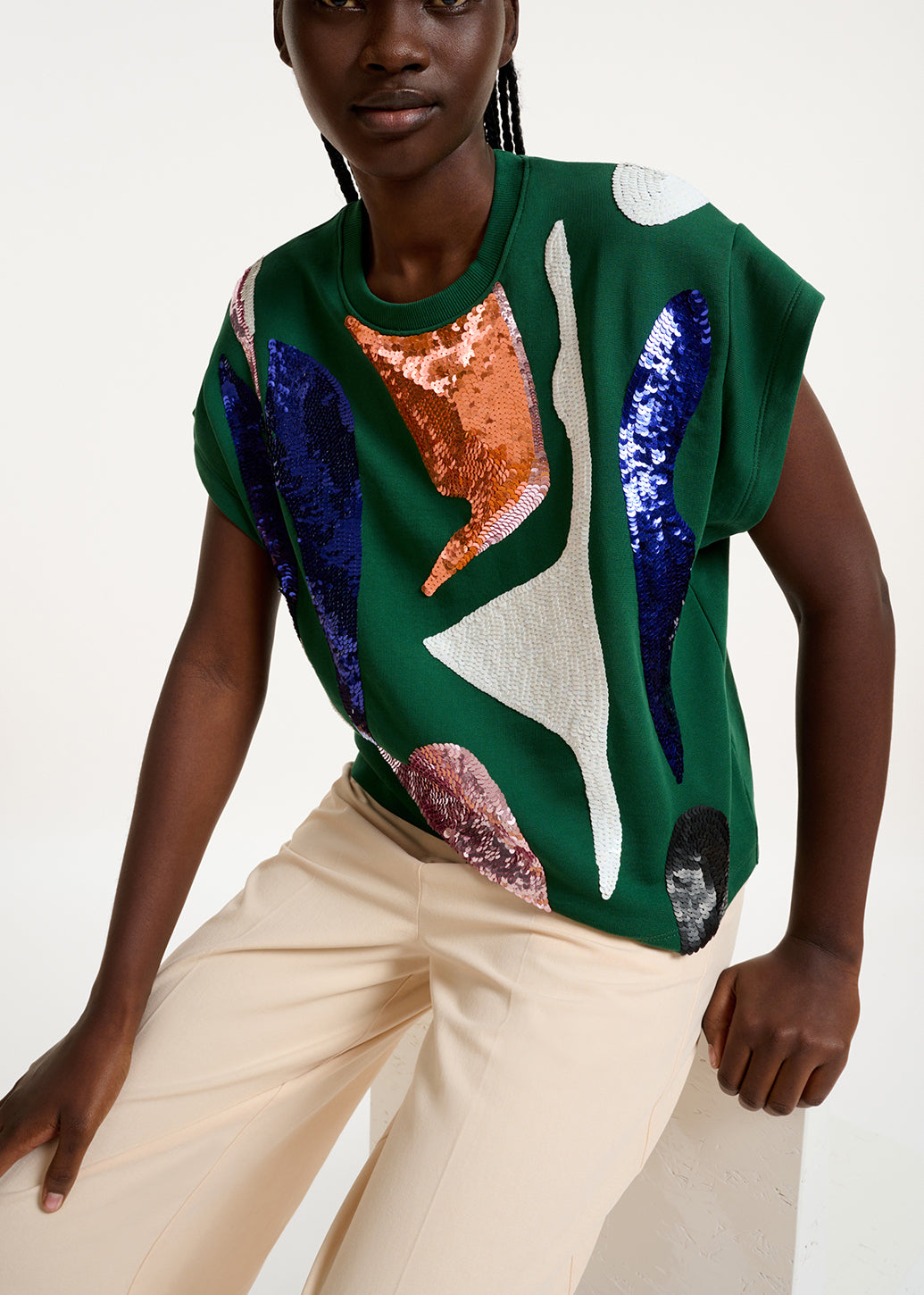 Sweatshirt vert foncé à  manches courtes et paillettes RE—SSENTIEL | Essentiel second hand