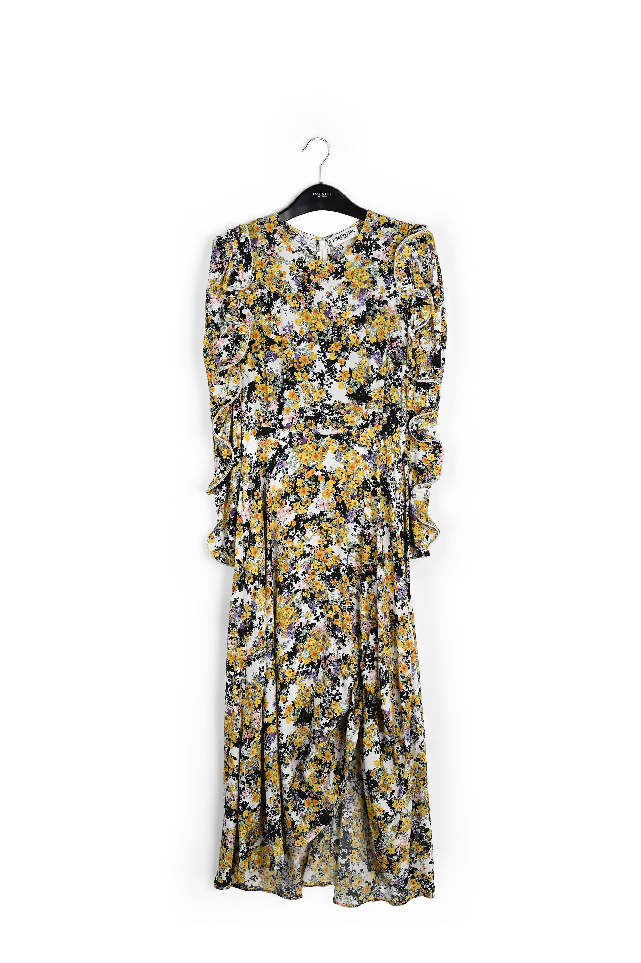 Gebroken witte maxi-jurk met bloemen en ruches RE—SSENTIEL | Essentiel second hand