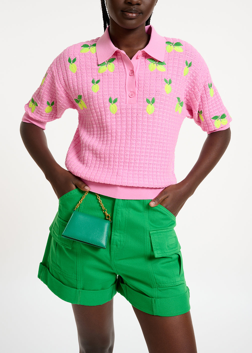 Pink knitted polo top with lemon embroideries RE—SSENTIEL | Essentiel second hand