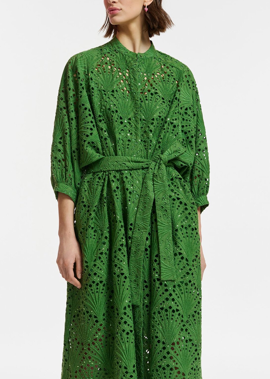 Robe midi vert foncé en broderie anglaise de coton RE—SSENTIEL | Essentiel second hand