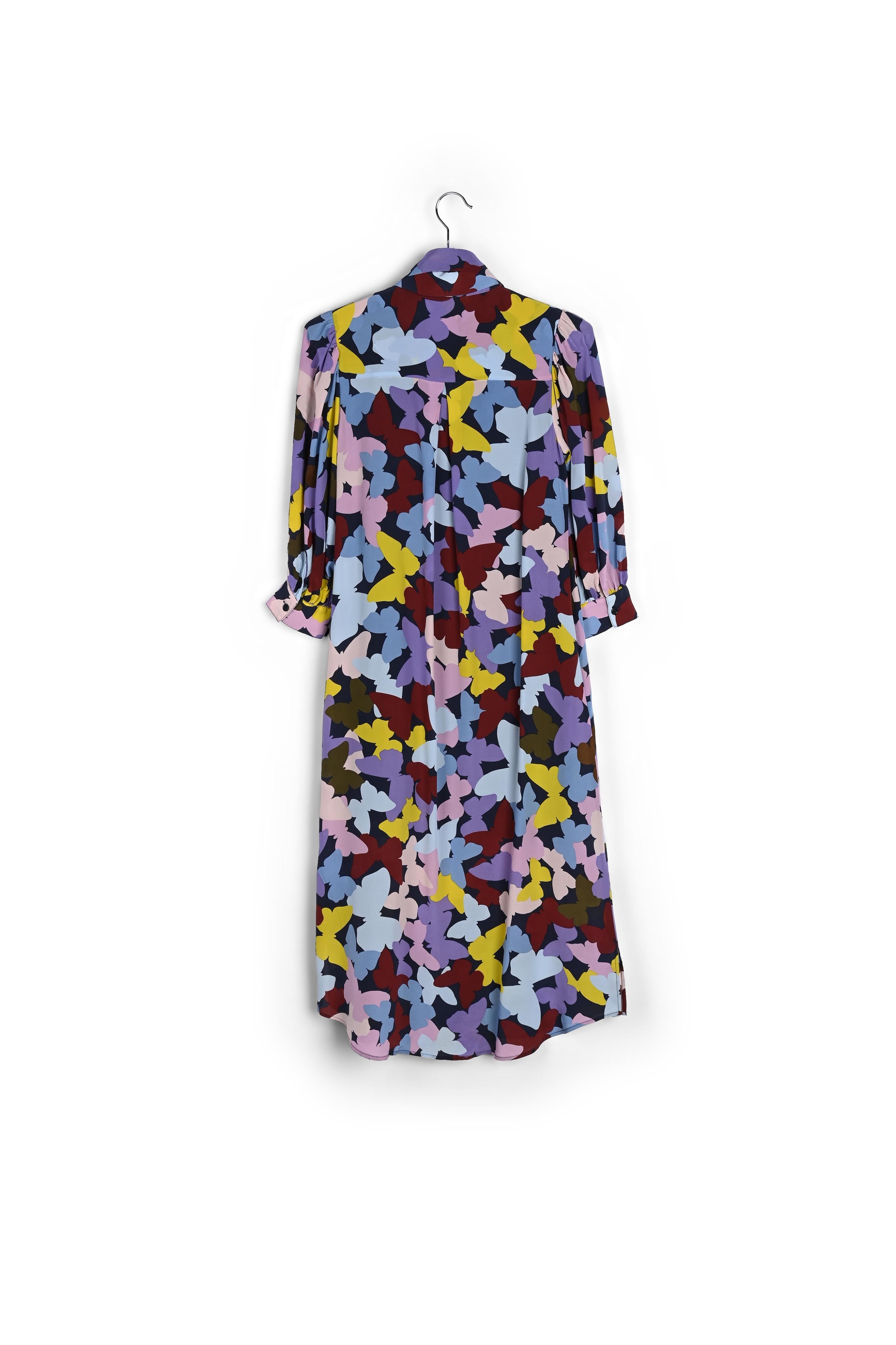 Bordeaux, lila en blauwe zijden midi-jurk met vlinders RE—SSENTIEL | Essentiel second hand