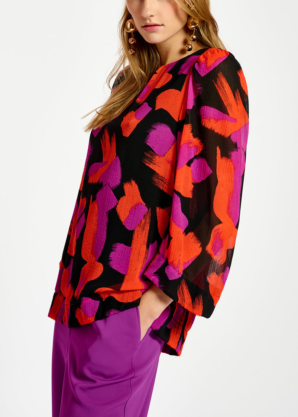Black, orange and purple abstract-print top with puffed shoulders RE—SSENTIEL | Essentiel second hand