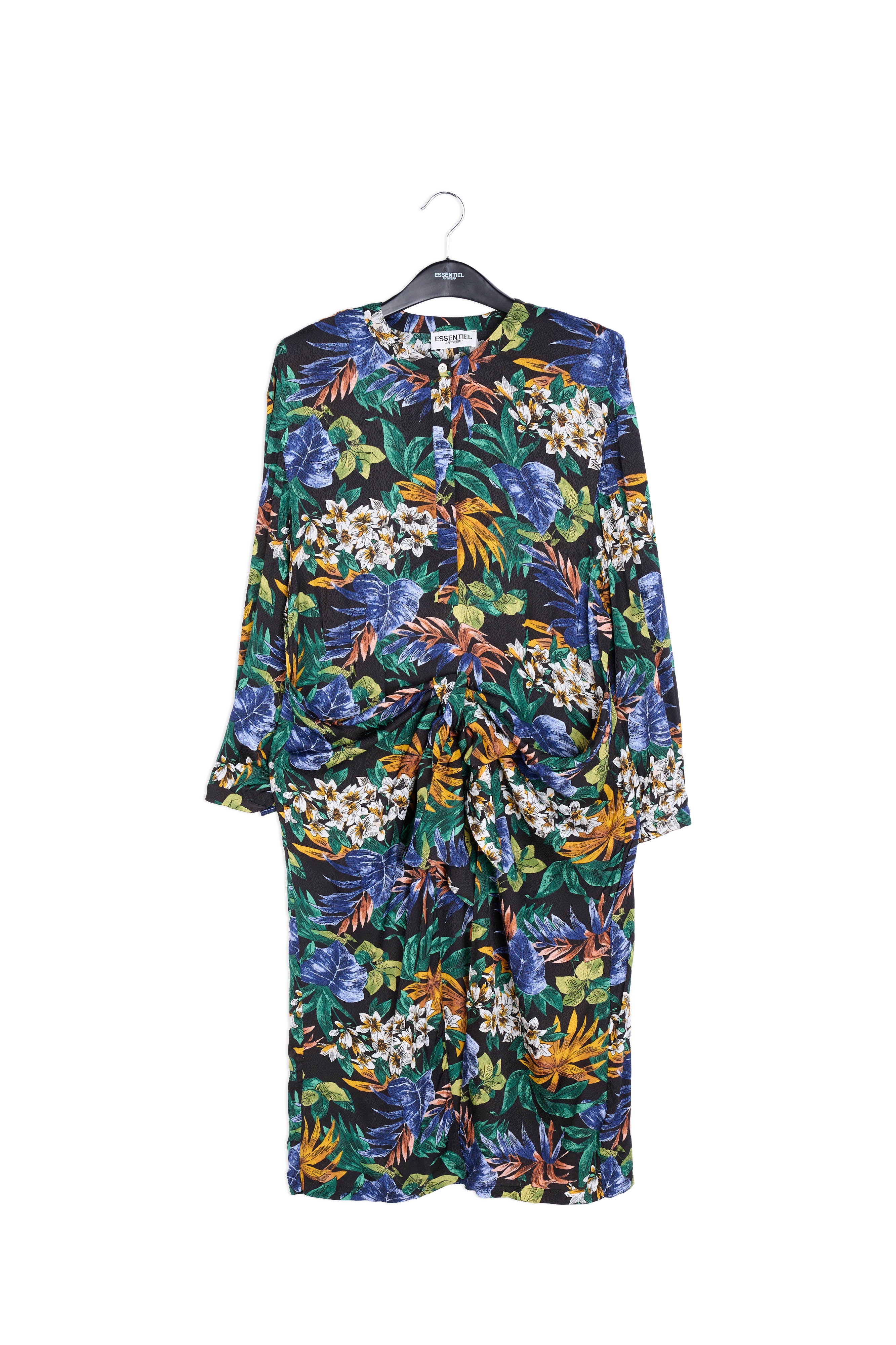 Groene, blauwe en oranje midi-jurk met bloemen RE—SSENTIEL | Essentiel second hand