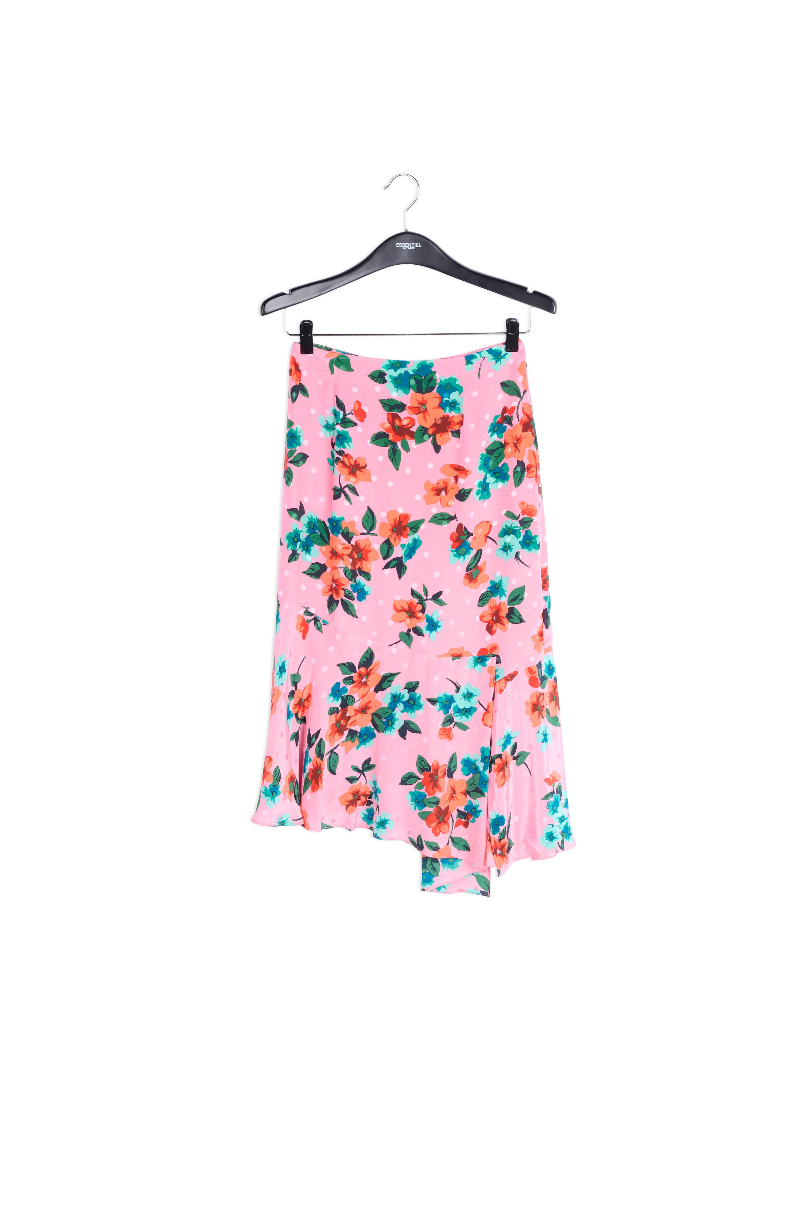 Roze zijden midirok met bloemen en stippen RE—SSENTIEL | Essentiel second hand