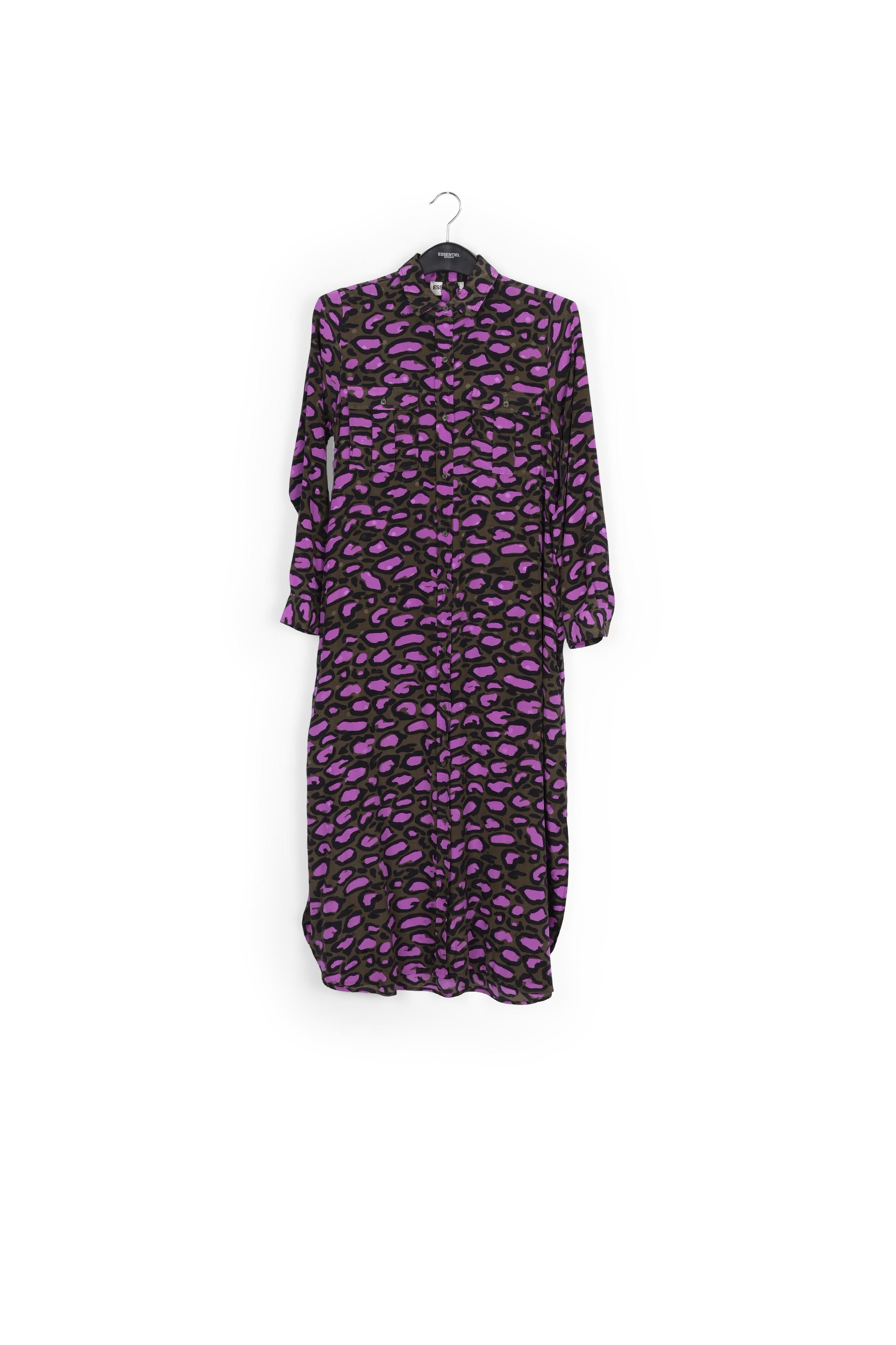 Kakigroene zijden hemdjurk met luipaardprint RE—SSENTIEL | Essentiel second hand