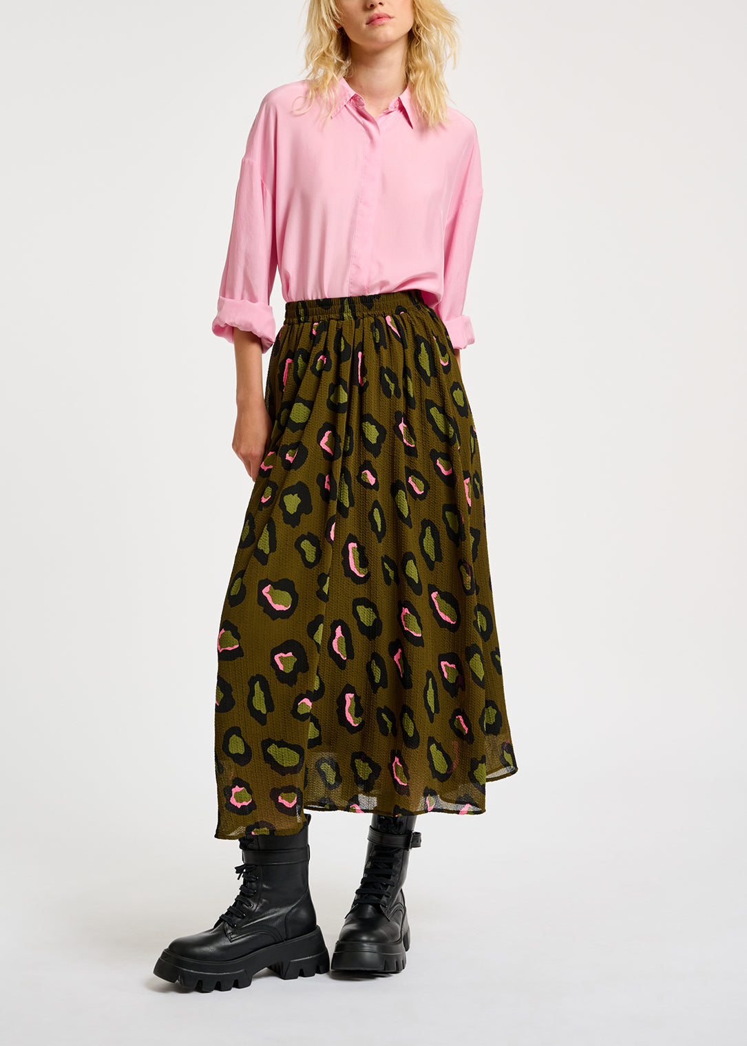Khaki leopard-print midi skirt RE—SSENTIEL | Essentiel second hand