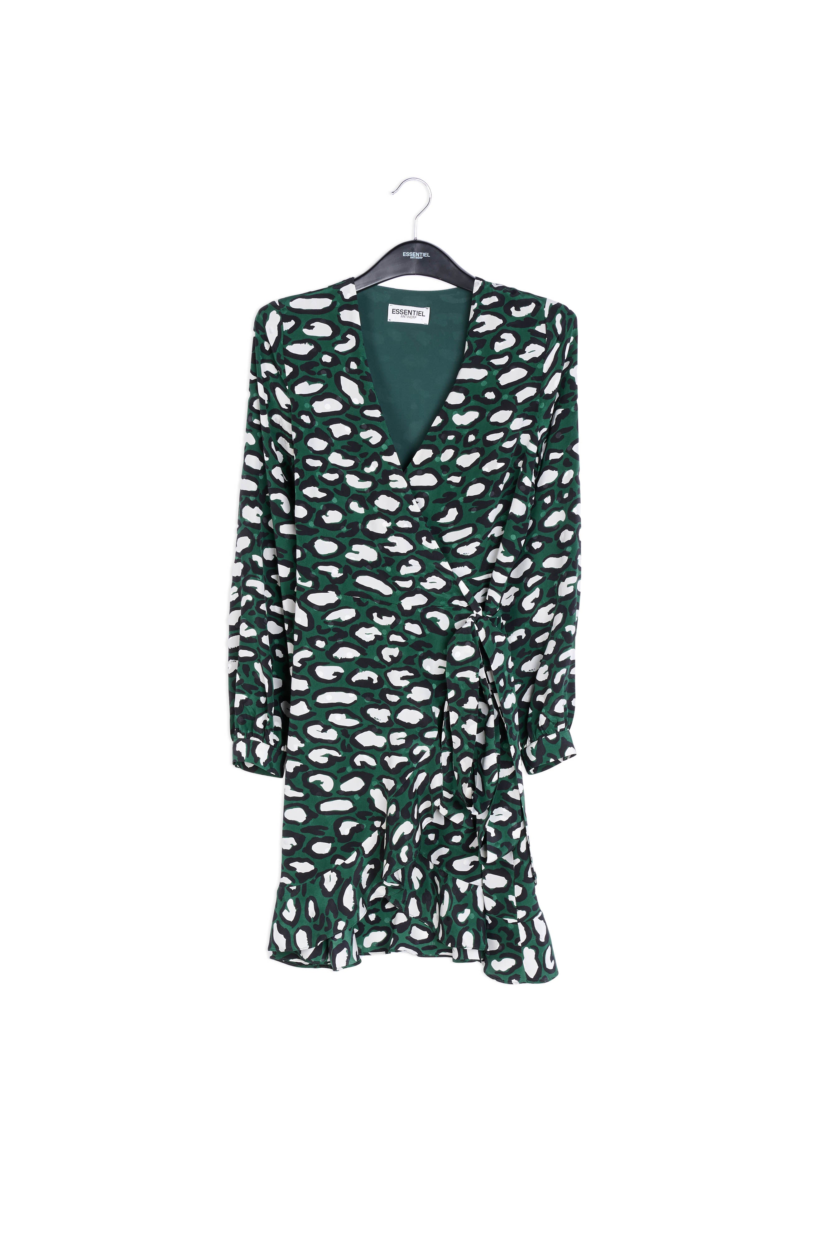 Kakigroene zijden wikkeljurk met luipaardprint RE—SSENTIEL | Essentiel second hand