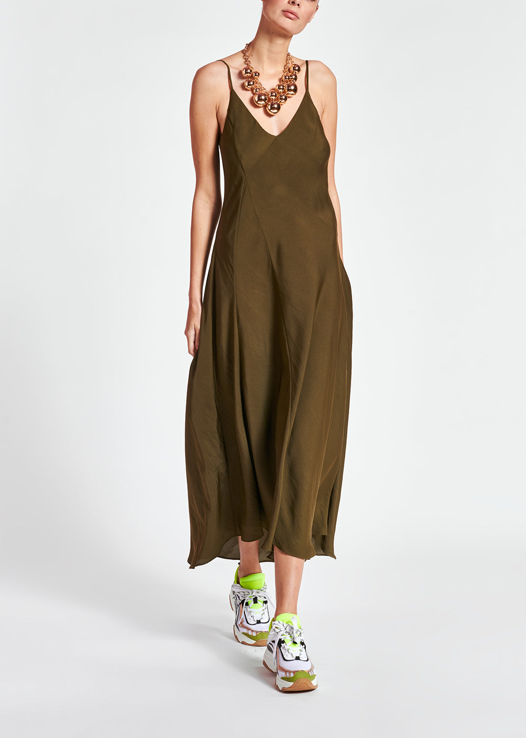 Khaki green maxi-length slip dress RE—SSENTIEL | Essentiel second hand