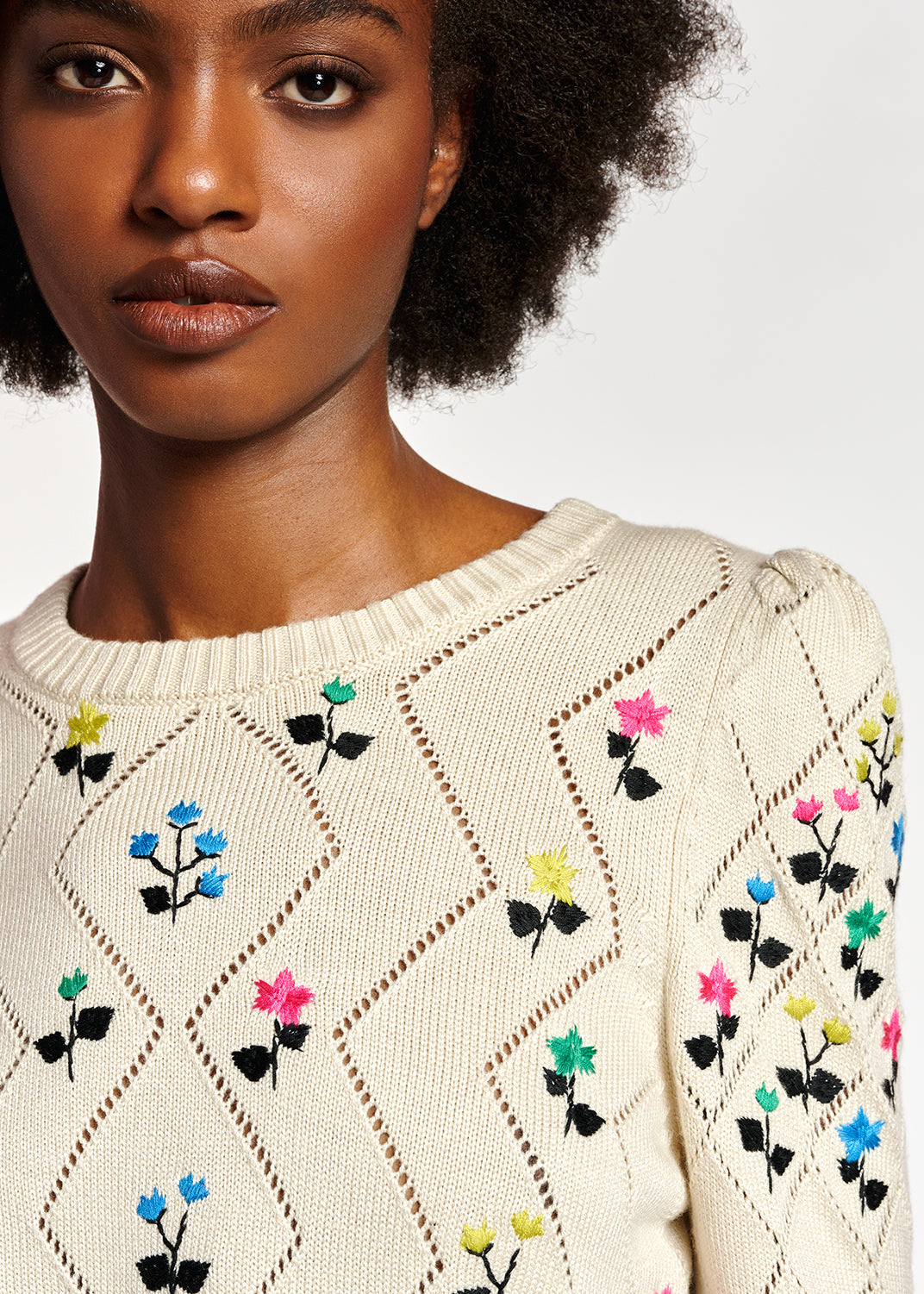 Beige pointelle-knitted sweater with floral embroideries RE—SSENTIEL | Essentiel second hand