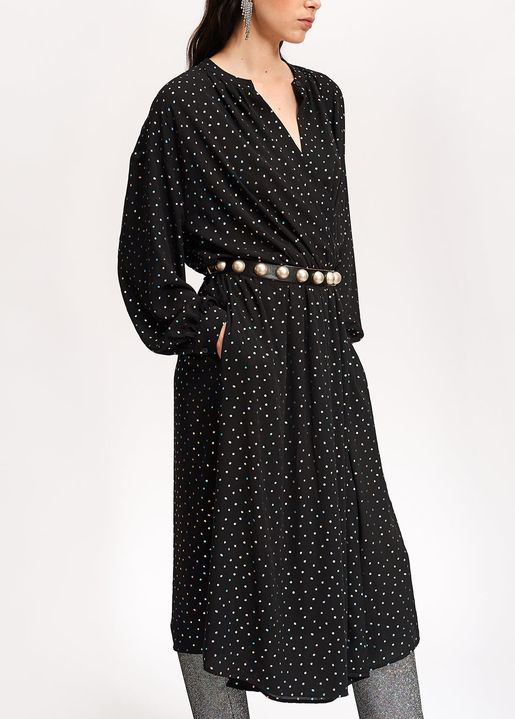Black belted midi dress with holographic polka dots RE—SSENTIEL | Essentiel second hand