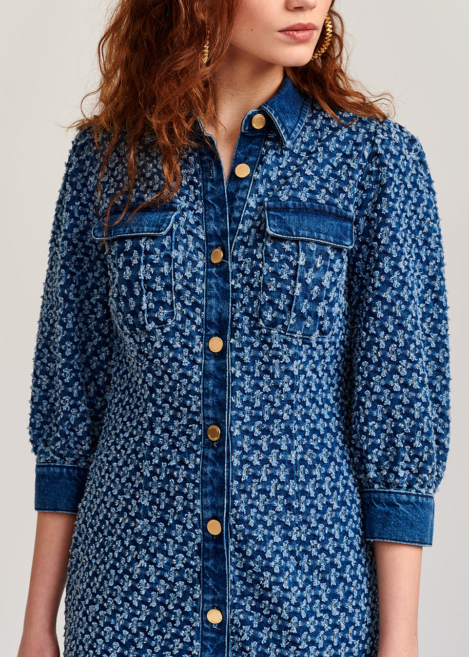 Dark blue perforated denim puffed sleeves mini dress RE—SSENTIEL | Essentiel second hand