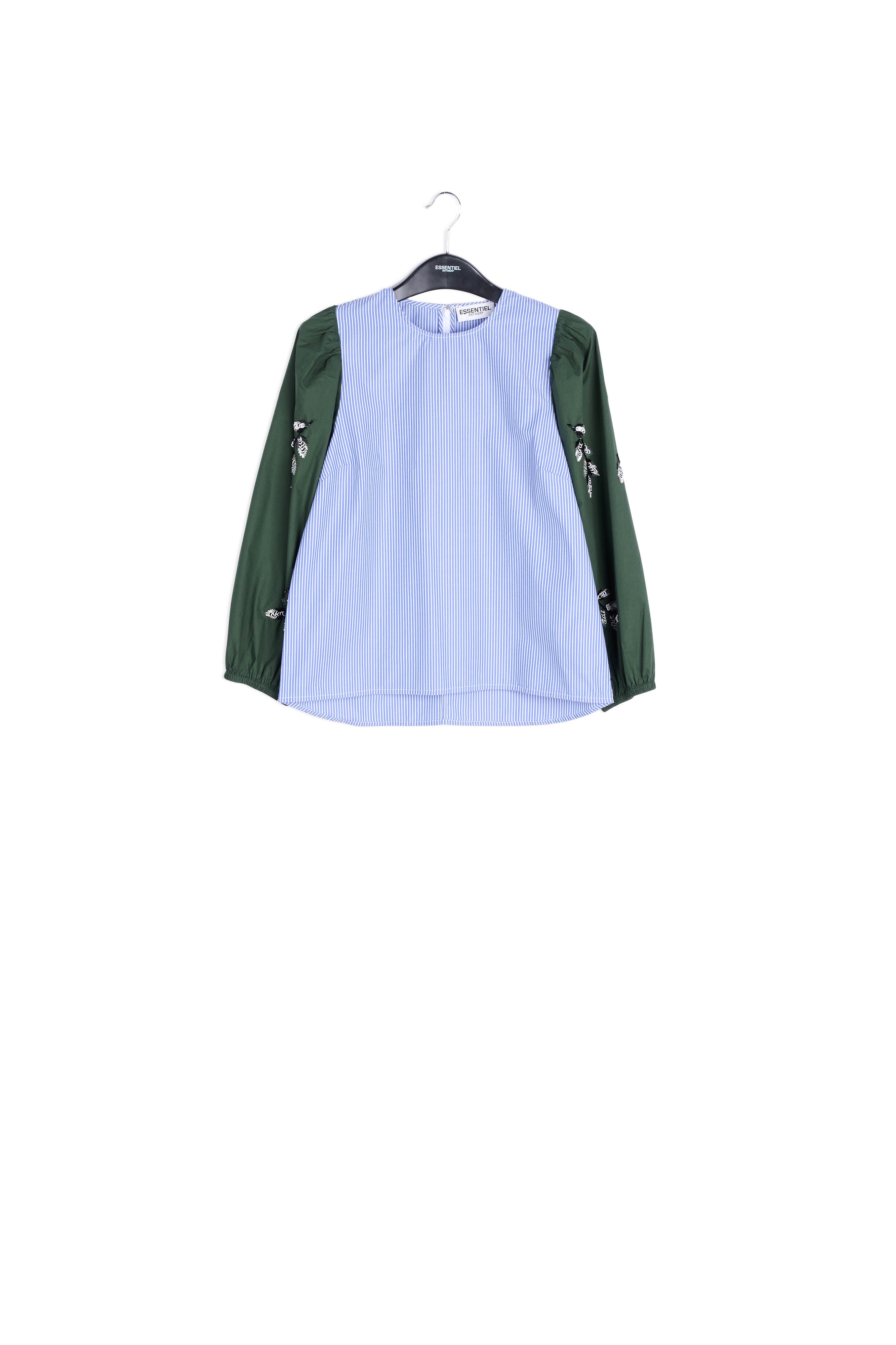 Blue and khaki embellished puff sleeved top RE—SSENTIEL | Essentiel second hand