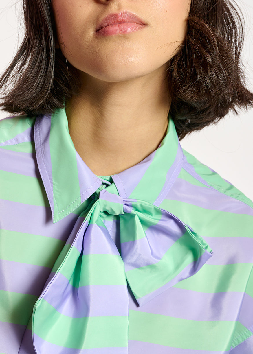 Lilac and mint green striped shirt with pussy bow RE—SSENTIEL | Essentiel second hand