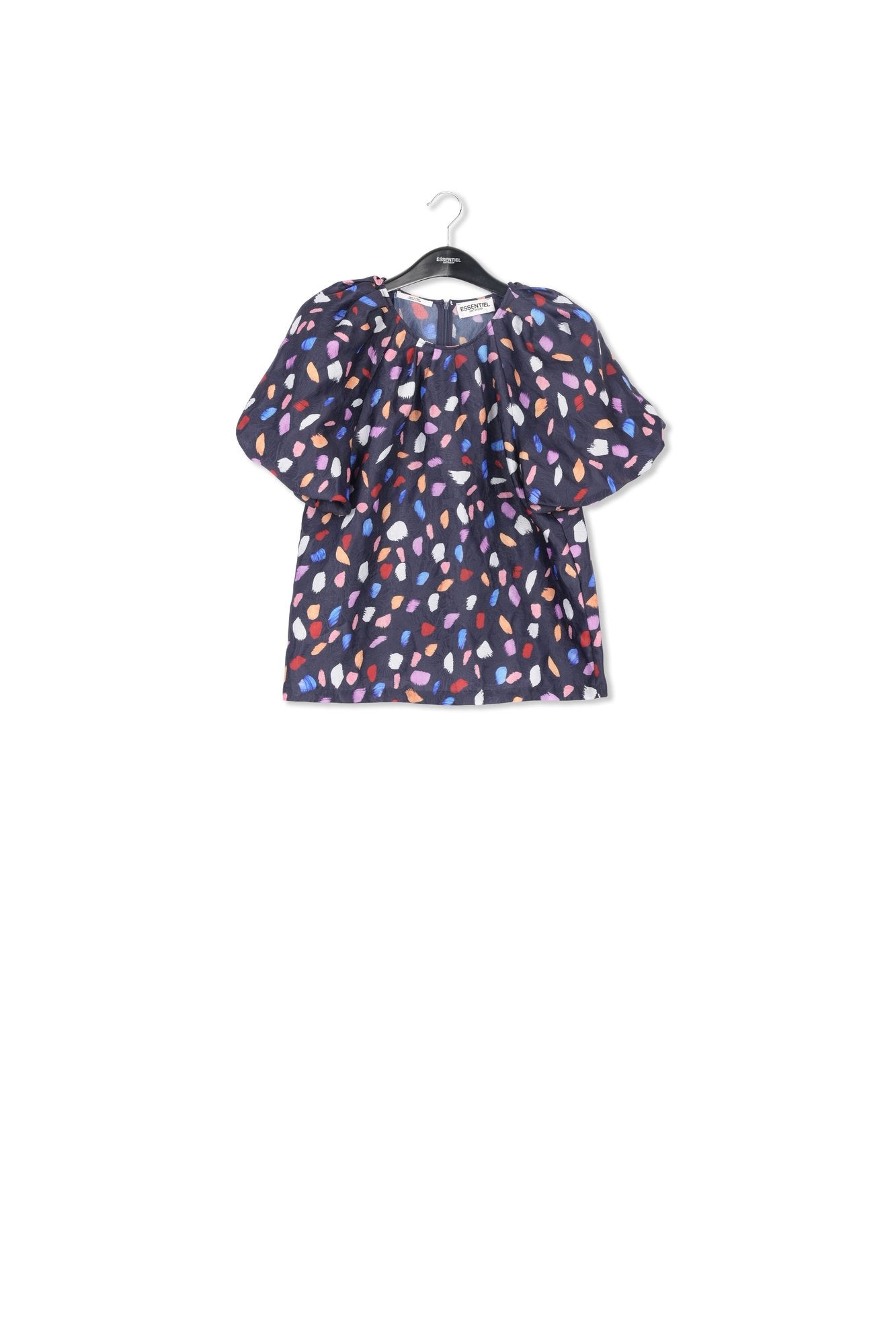 Marineblauwe top met pofmouwen en abstracte print RE—SSENTIEL | Essentiel second hand