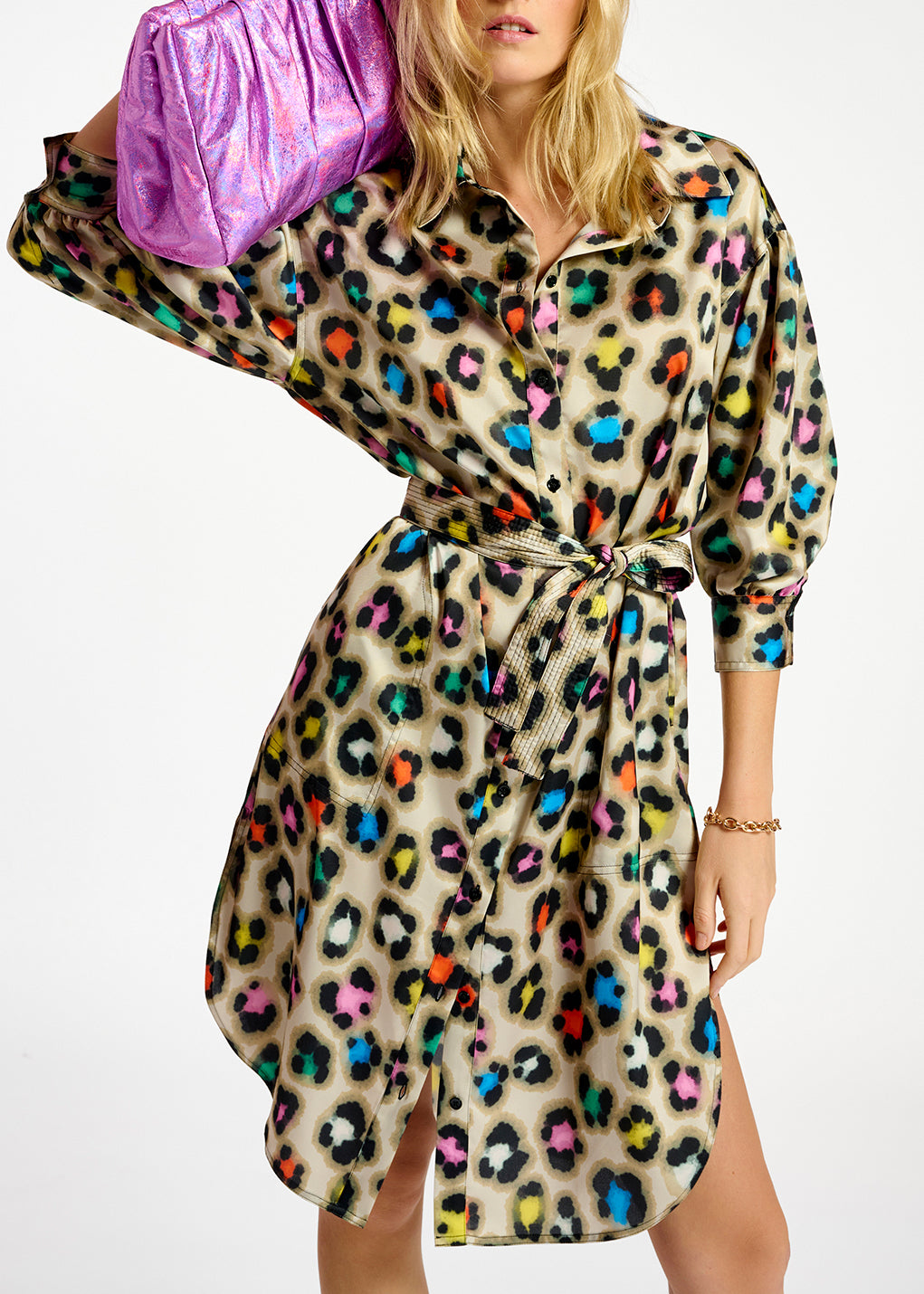 Beige knee-length shirt dress with multicolor leopard print RE—SSENTIEL | Essentiel second hand