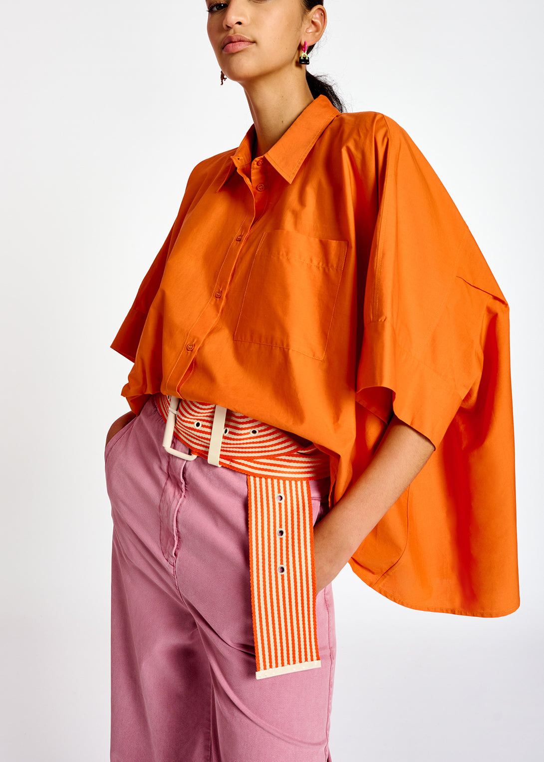 Orange oversized cotton-poplin buttoned shirt RE—SSENTIEL | Essentiel second hand