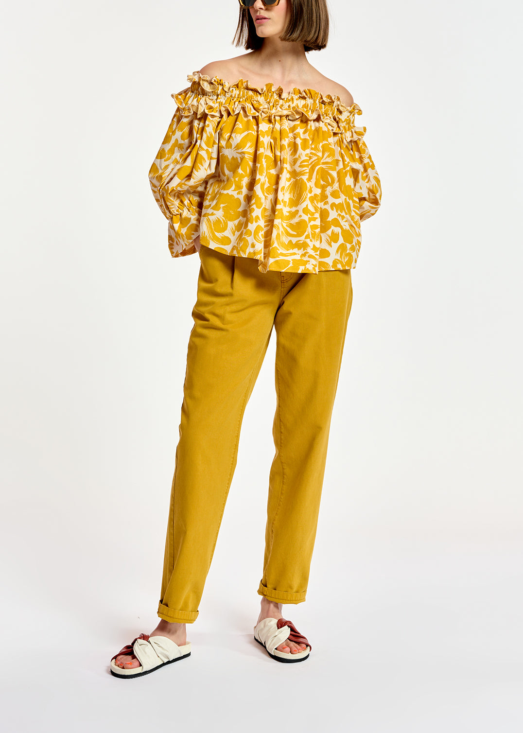 Yellow and white tropical print off-the-shoulder top RE—SSENTIEL | Essentiel second hand