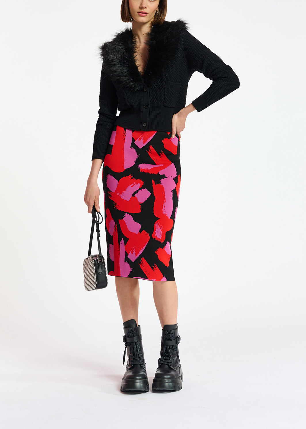 Black, red and fuchsia jacquard-knit midi skirt RE—SSENTIEL | Essentiel second hand