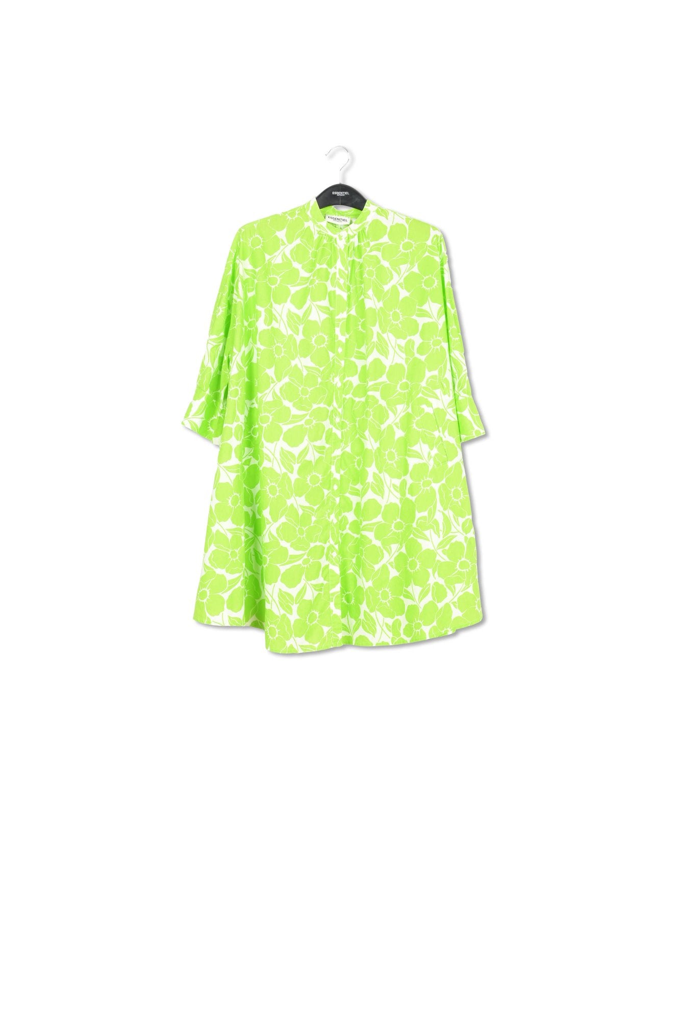White and lime green floral print cotton knee-length shirt dress RE—SSENTIEL | Essentiel second hand
