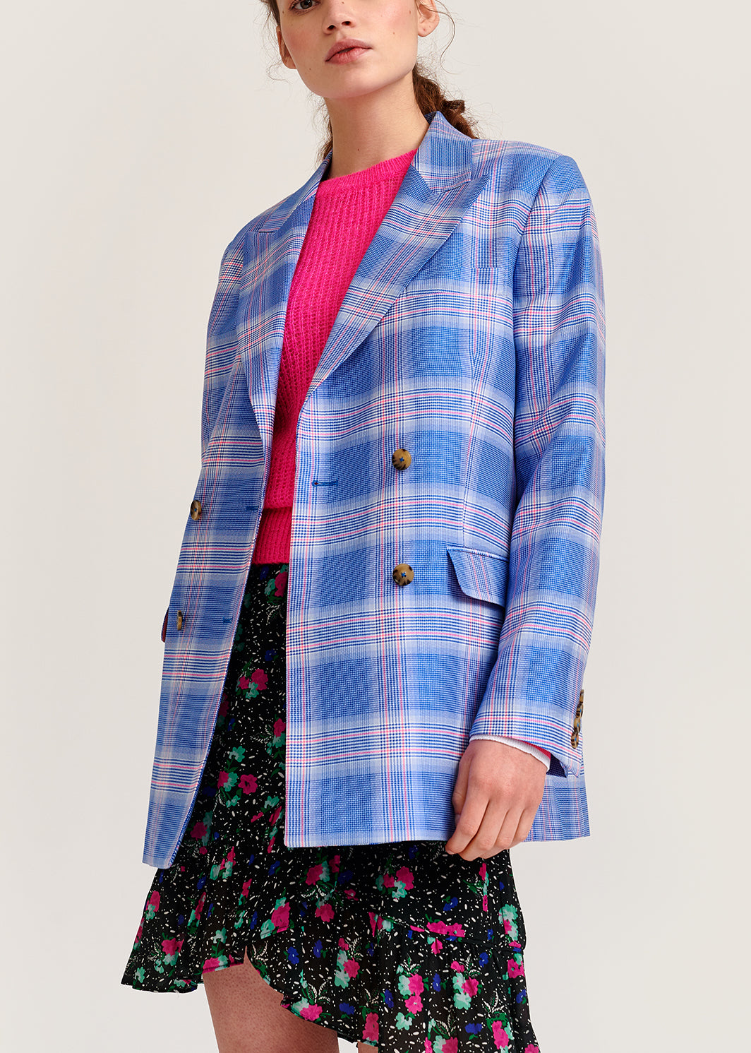 Blue plaid double-breasted blazer RE—SSENTIEL | Essentiel second hand