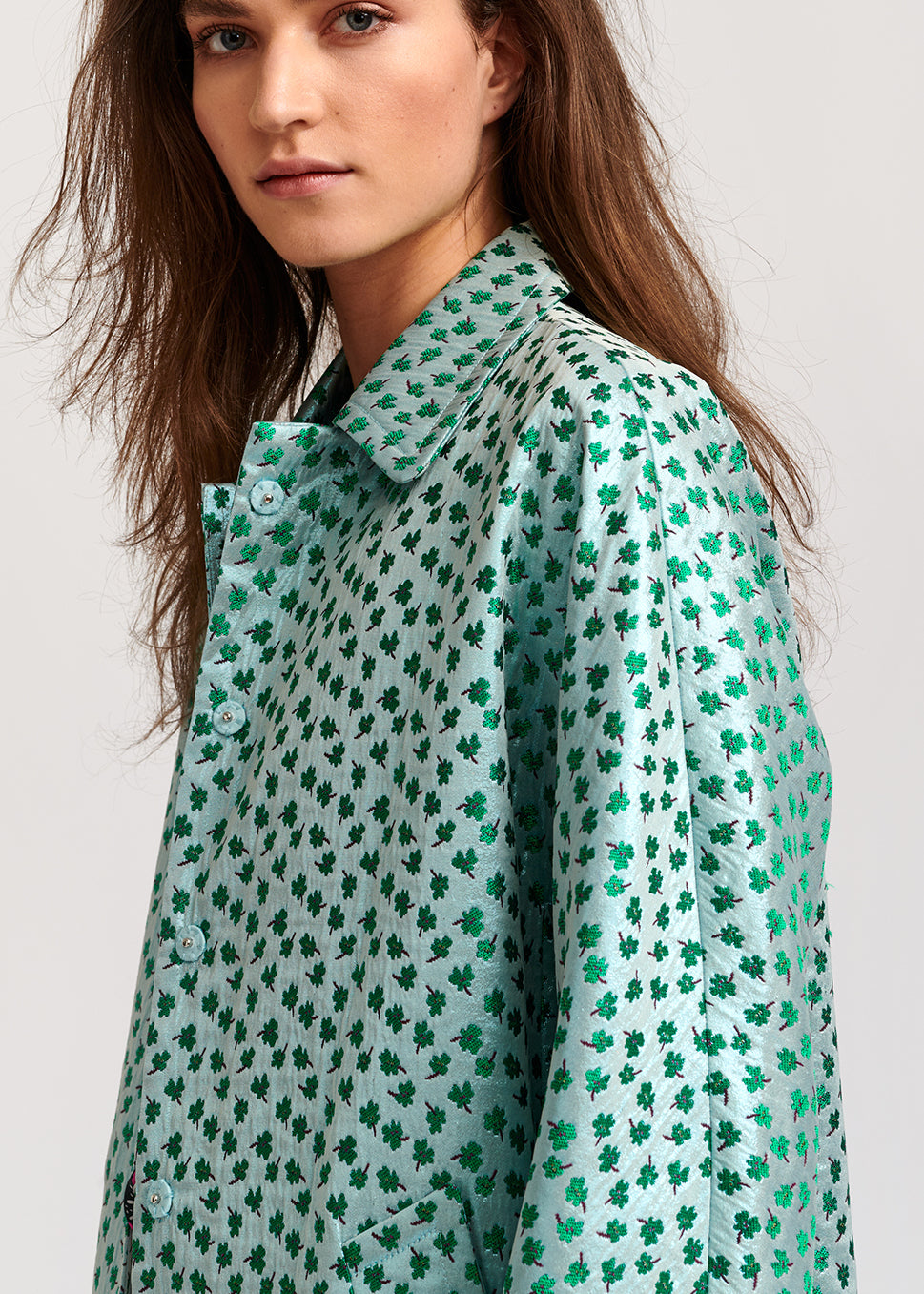 Mint green clover-print single-breasted coat RE—SSENTIEL | Essentiel second hand