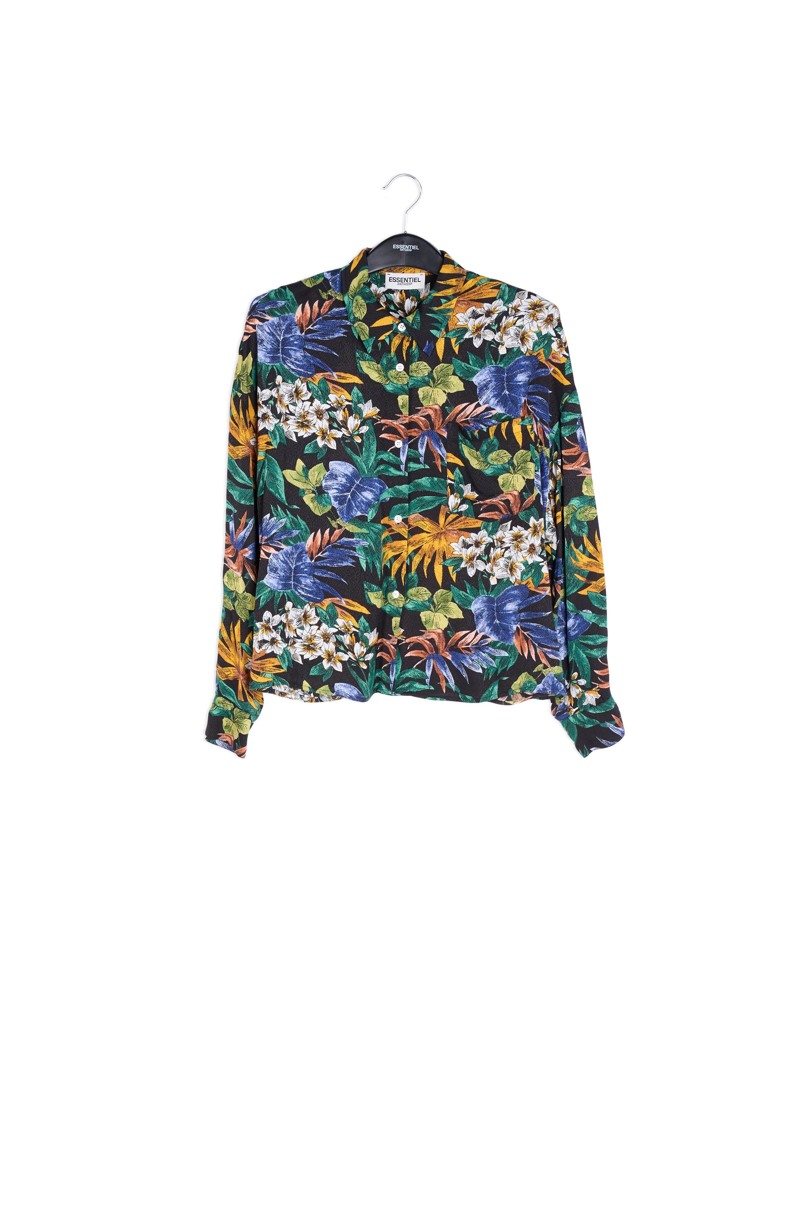 Black oversized shirt with colorful floral print RE—SSENTIEL | Essentiel second hand
