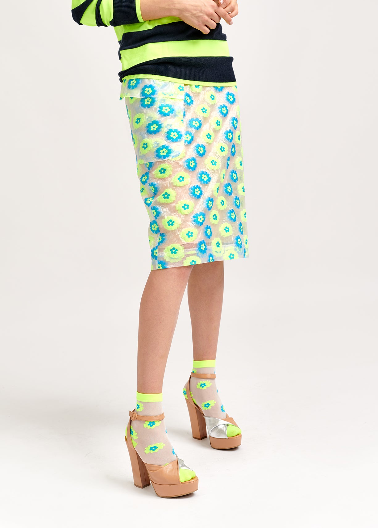 Neon green and blue floral-print see-through pencil skirt RE—SSENTIEL | Essentiel second hand