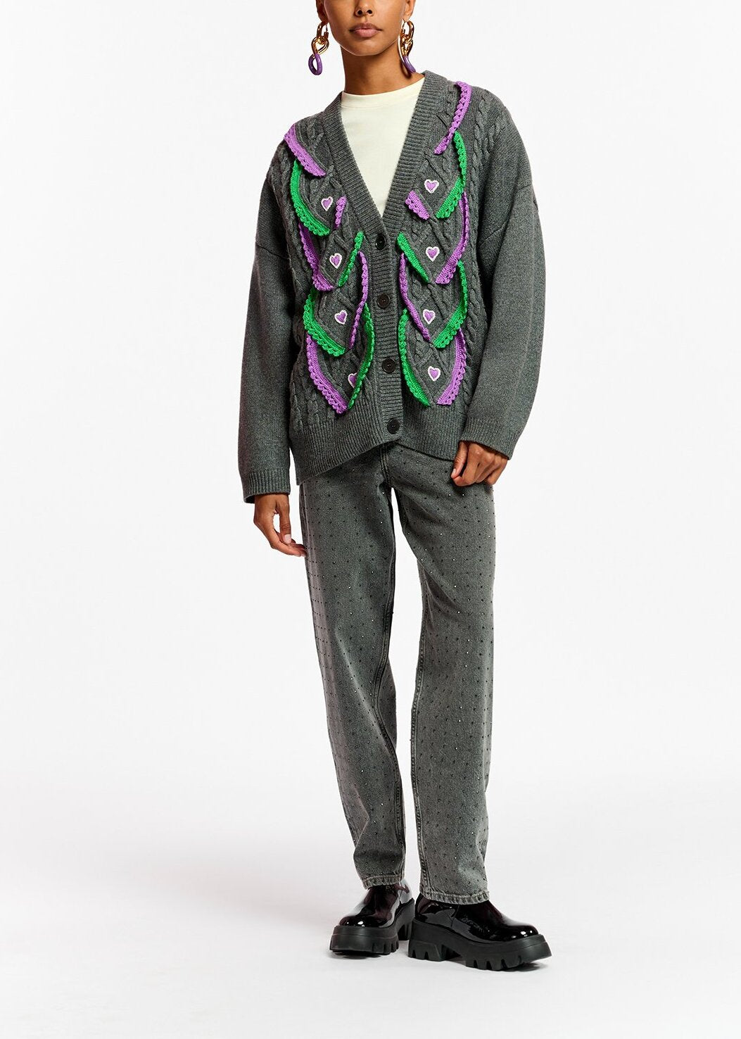 Cardigan gris en tricot torsadé à broderies RE—SSENTIEL | Essentiel second hand