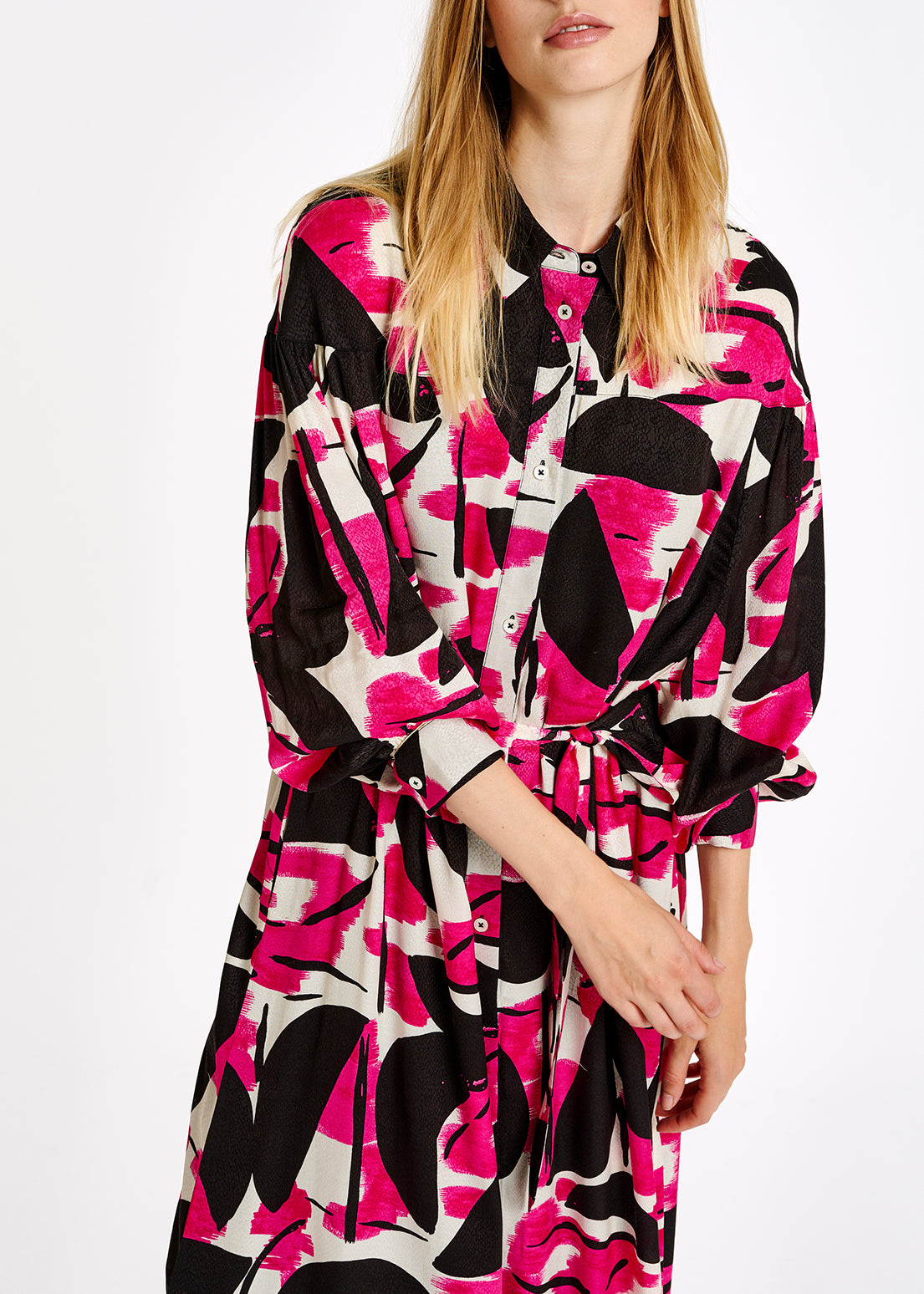 Fuchsia, black and white abstract print midi dress RE—SSENTIEL | Essentiel second hand