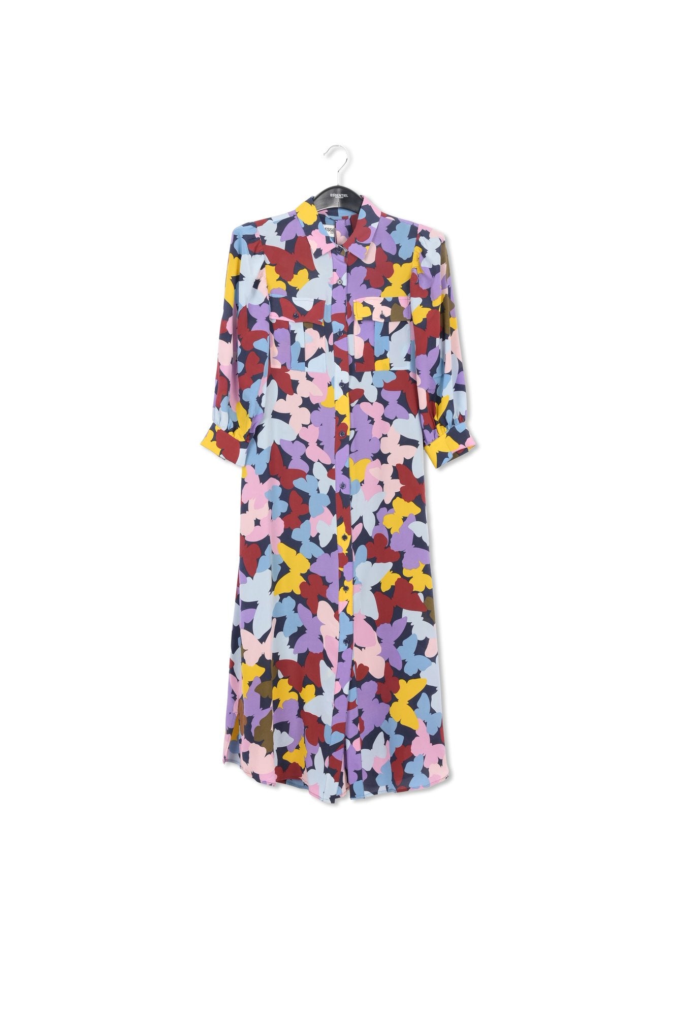 Robe midi en soie à papillons bordeaux, lilas et bleu RE—SSENTIEL | Essentiel second hand