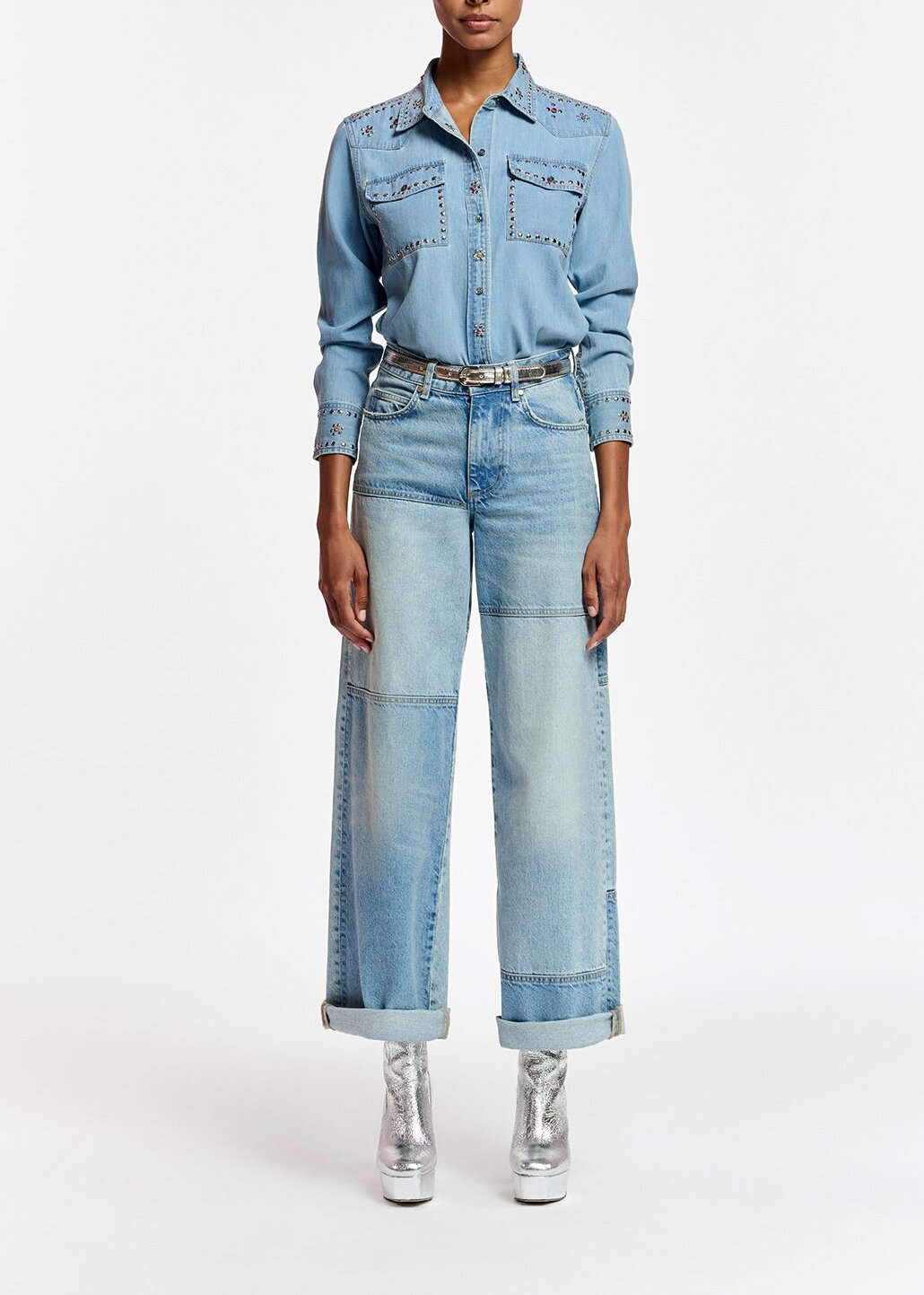 Blue denim shirt with stud embellishments RE—SSENTIEL | Essentiel second hand