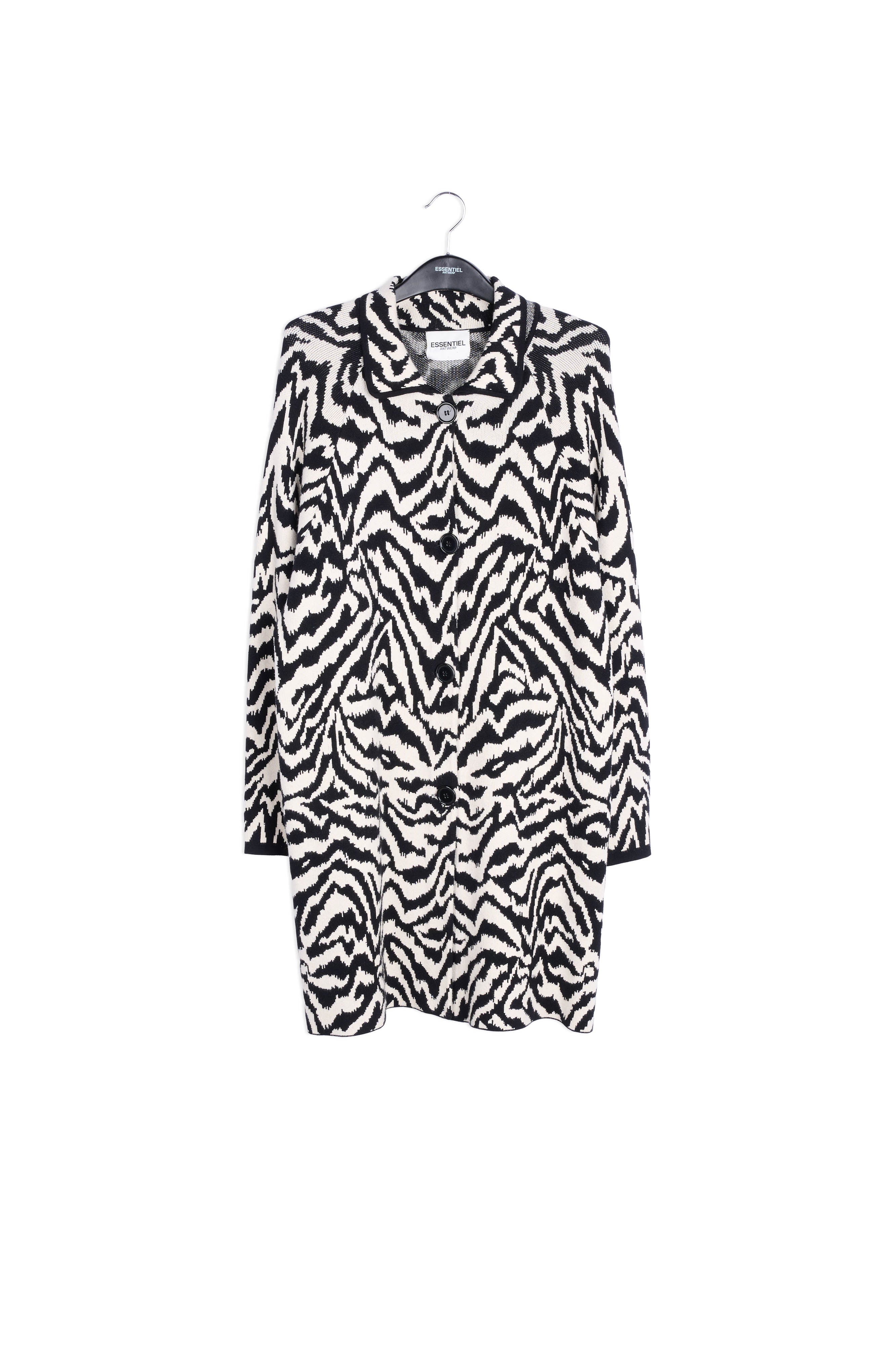 Lange zwart-witte jas met jacquard zebramotief RE—SSENTIEL | Essentiel second hand