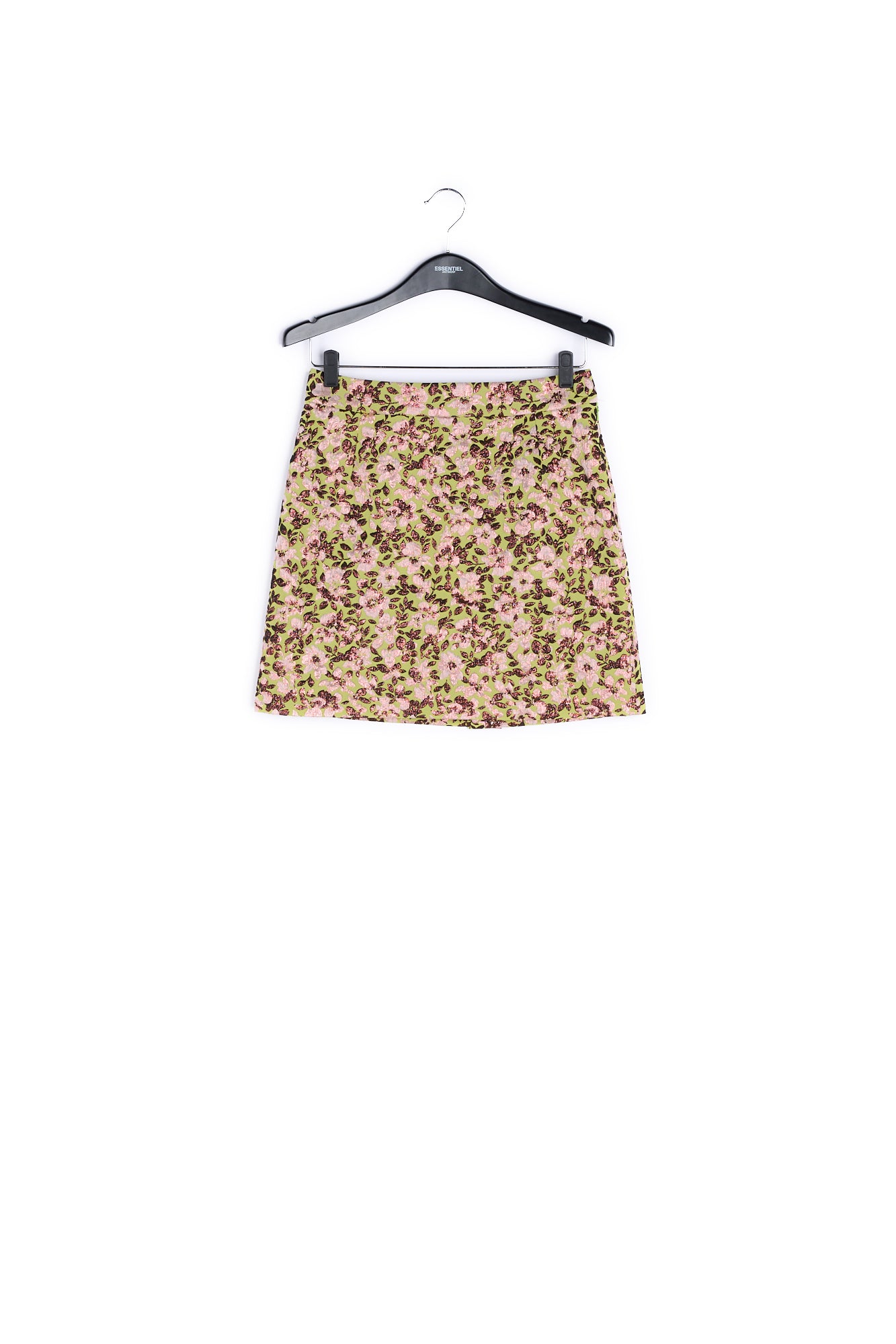 Green mini skirt with metallic floral motif RE—SSENTIEL | Essentiel second hand
