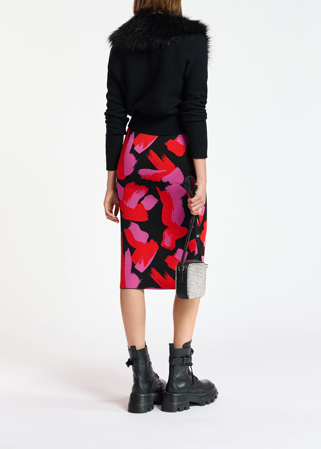 Midirok in zwart, rood en fuchsia jacquard RE—SSENTIEL | Essentiel second hand