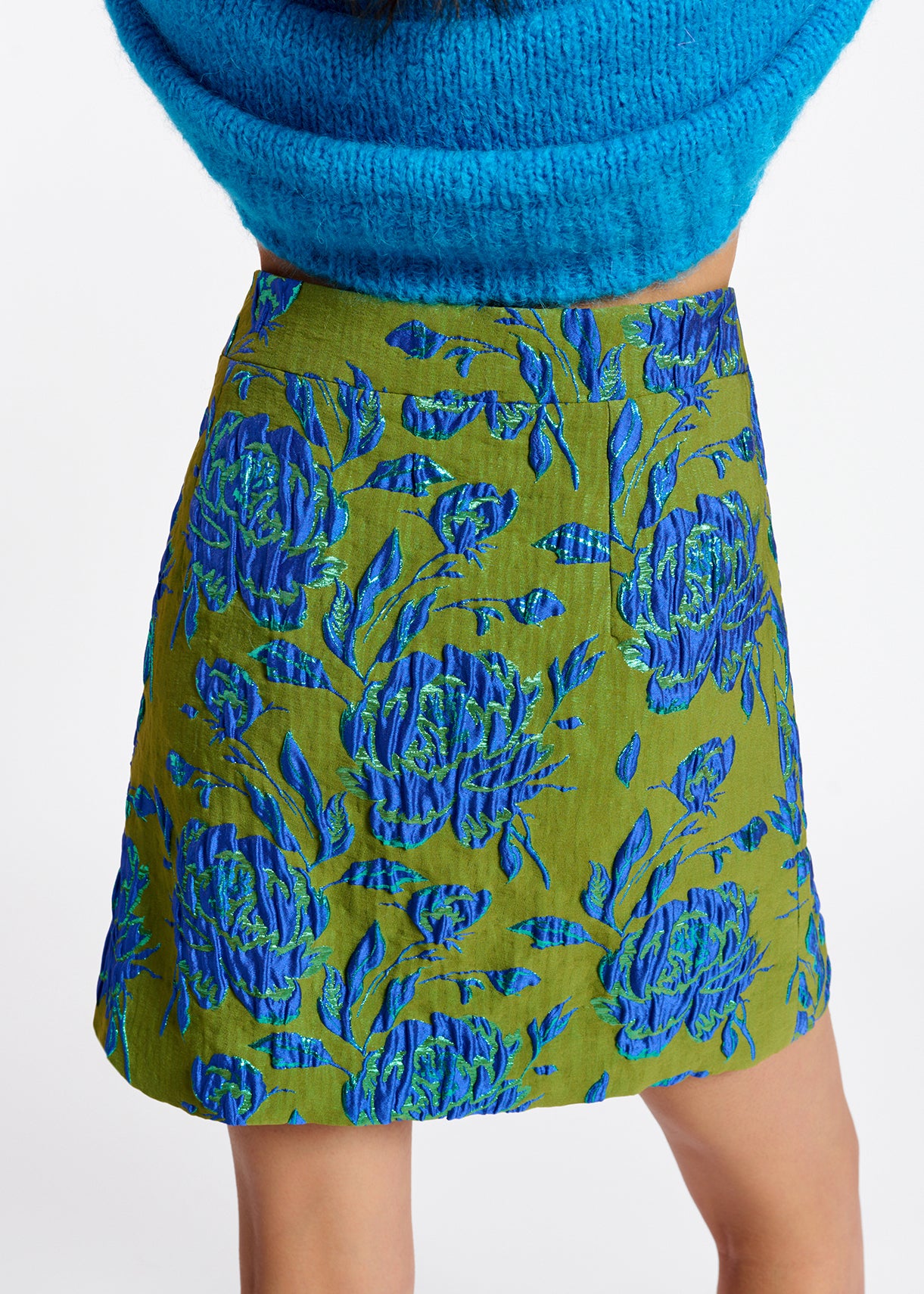 Dark green and blue floral-jacquard mini skirt RE—SSENTIEL | Essentiel second hand