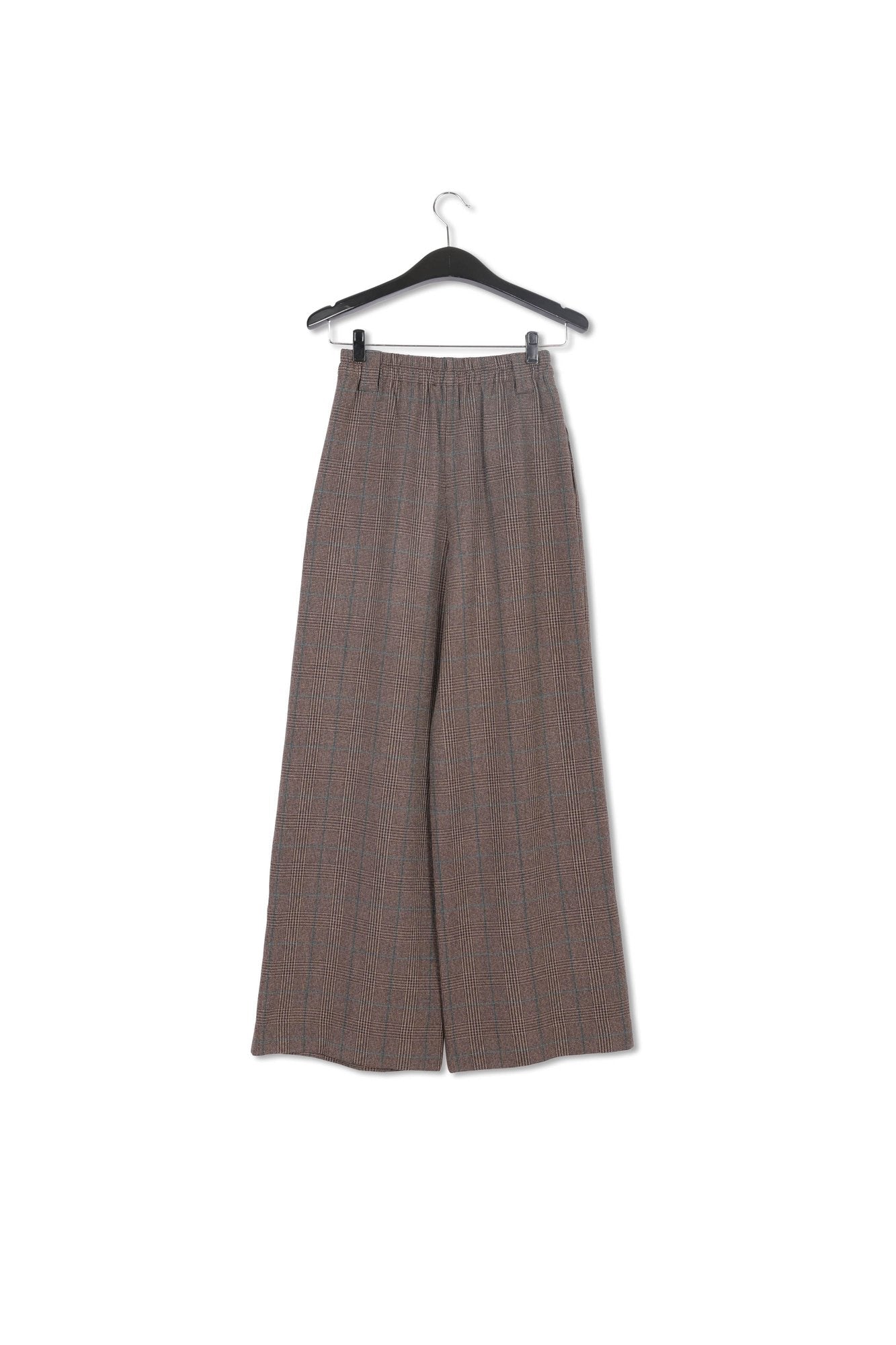 Bruine brede broek met beige en roze ruitjesmotief RE—SSENTIEL | Essentiel second hand