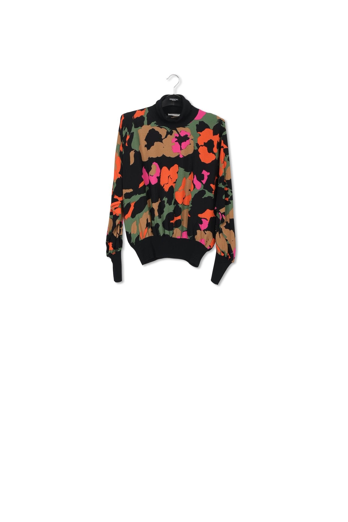 Black abstract-print top with rib-knitted trims RE—SSENTIEL | Essentiel second hand