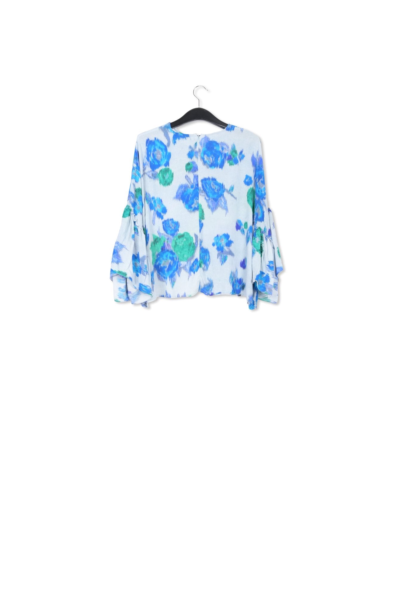 Light blue, blue and green floral printed top with ruffled sleeves RE—SSENTIEL | Essentiel second hand
