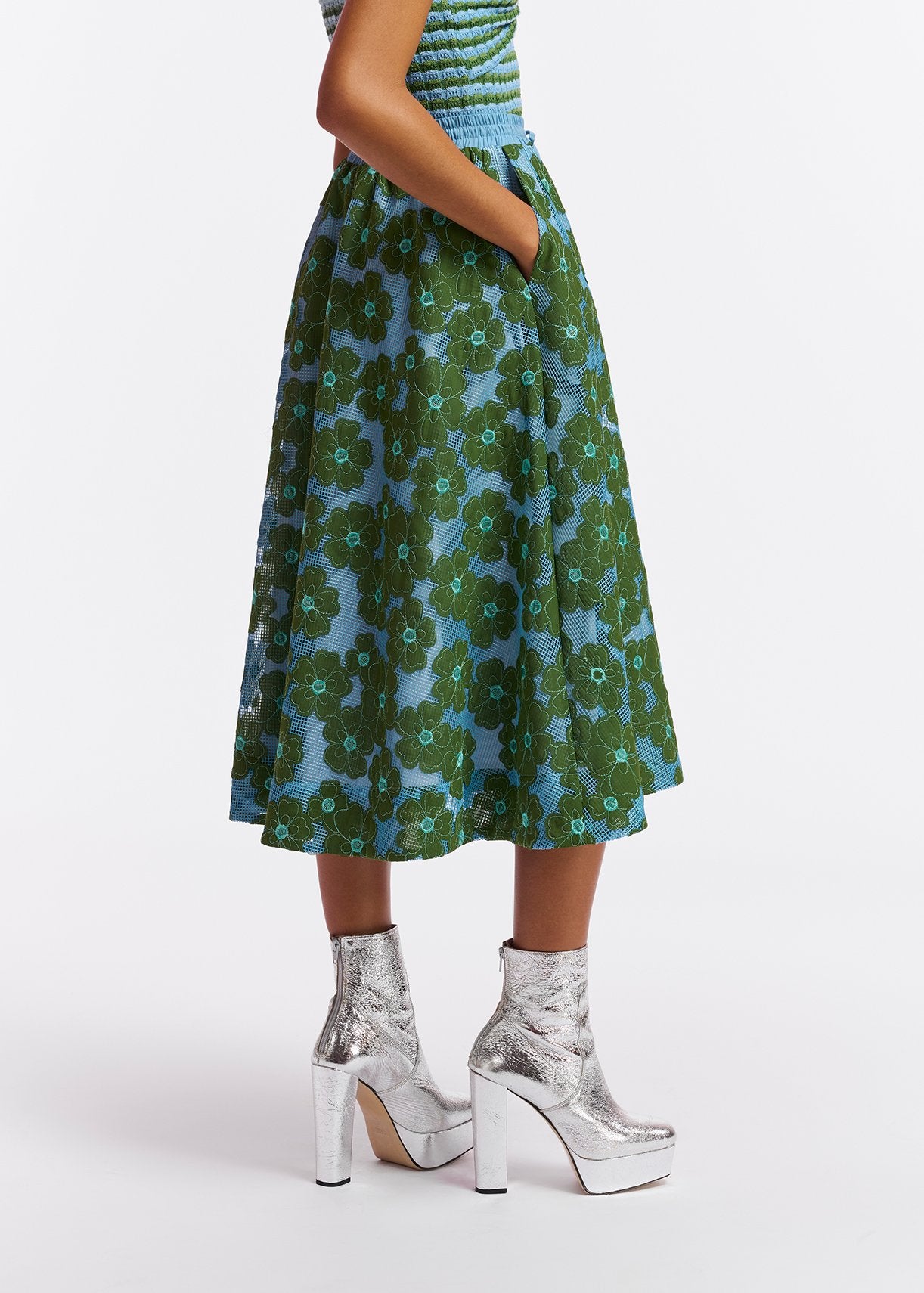 Blue and green floral-embroidered midi-length skirt RE—SSENTIEL | Essentiel second hand
