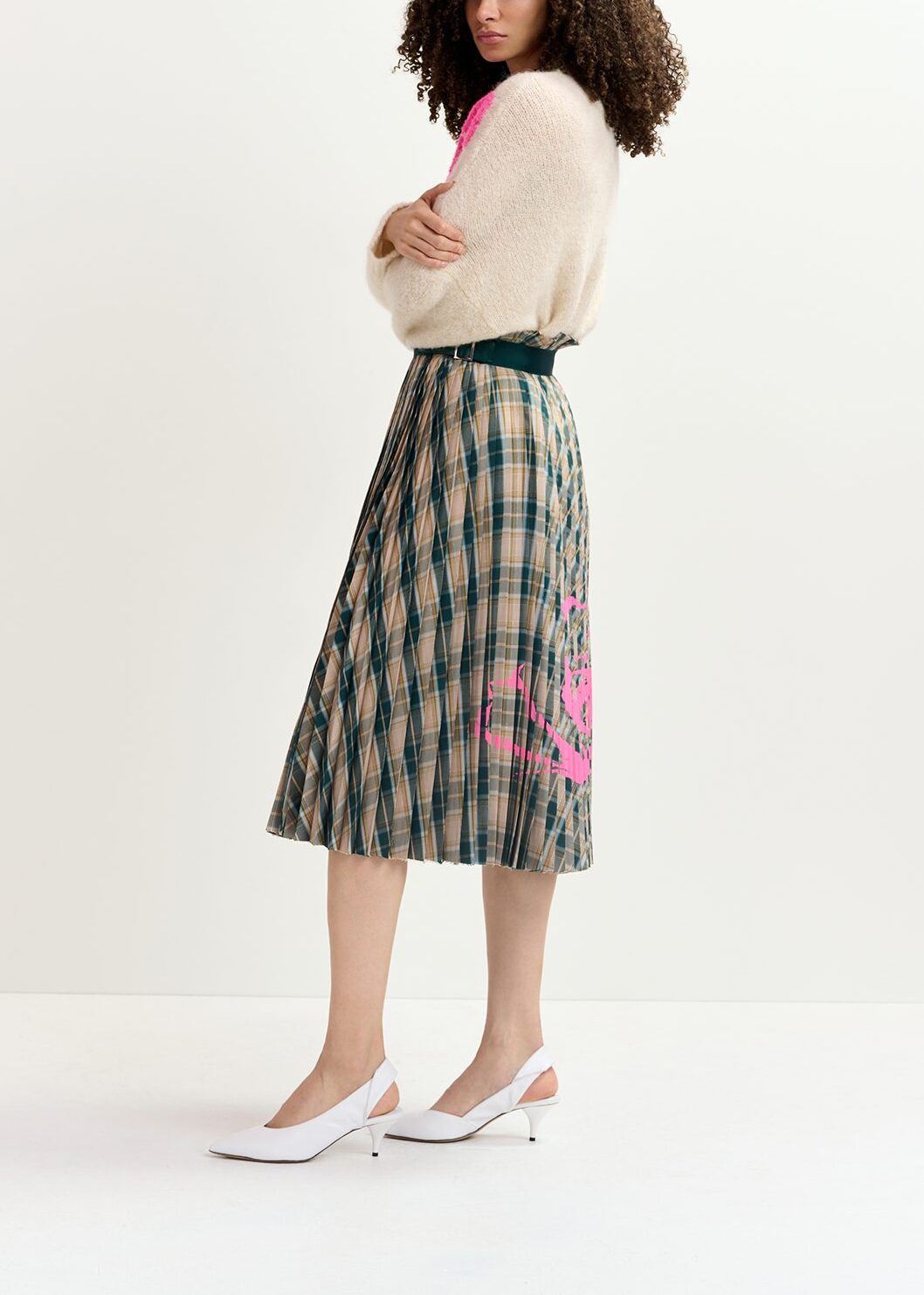 Beige and dark green checked pleated skirt with floral print RE—SSENTIEL | Essentiel second hand