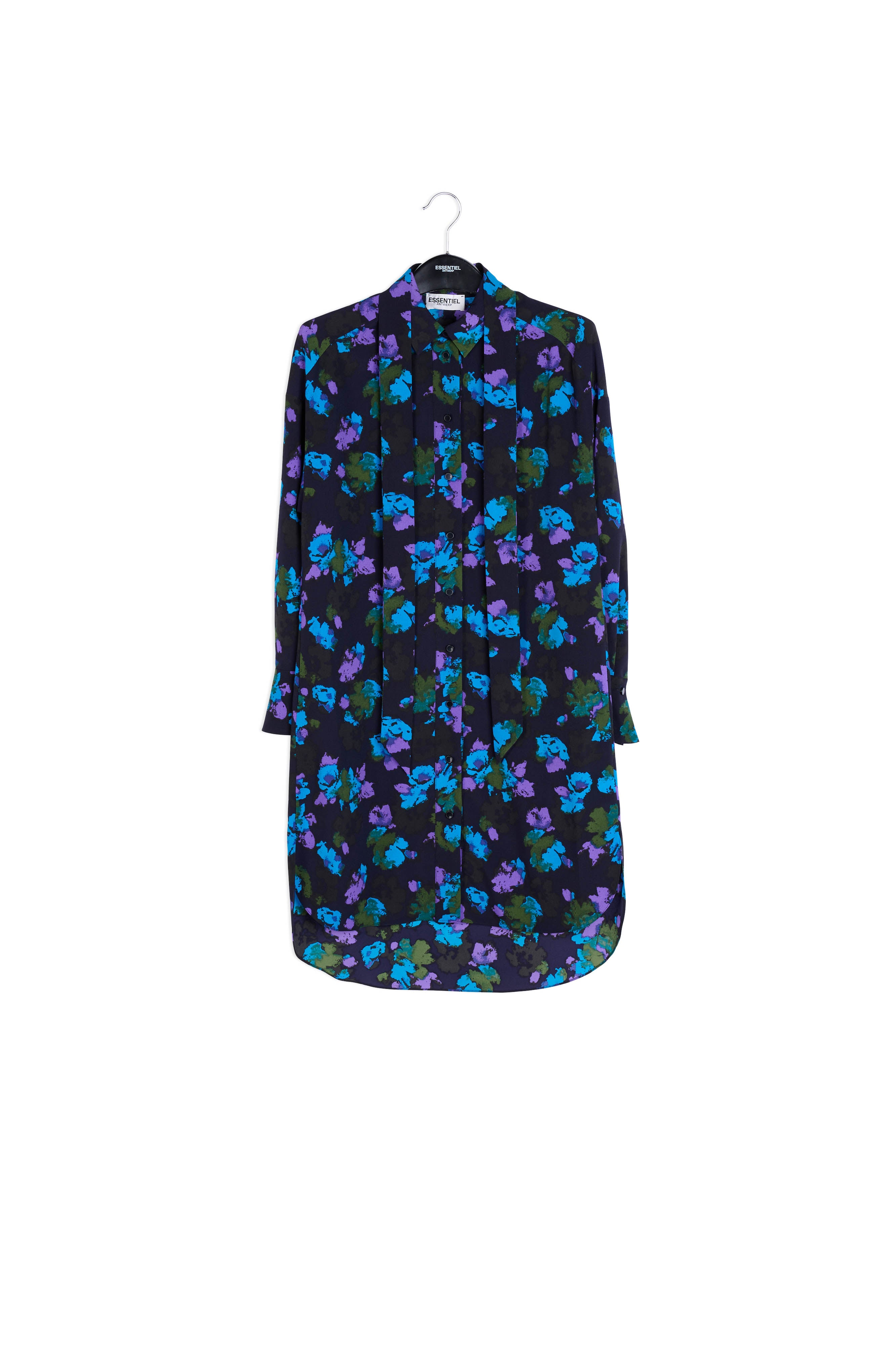 Black and blue floral print midi shirt dress RE—SSENTIEL | Essentiel second hand