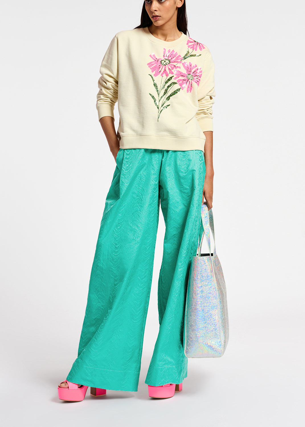 Ecru sweatshirt with floral sequin embroideries RE—SSENTIEL | Essentiel second hand